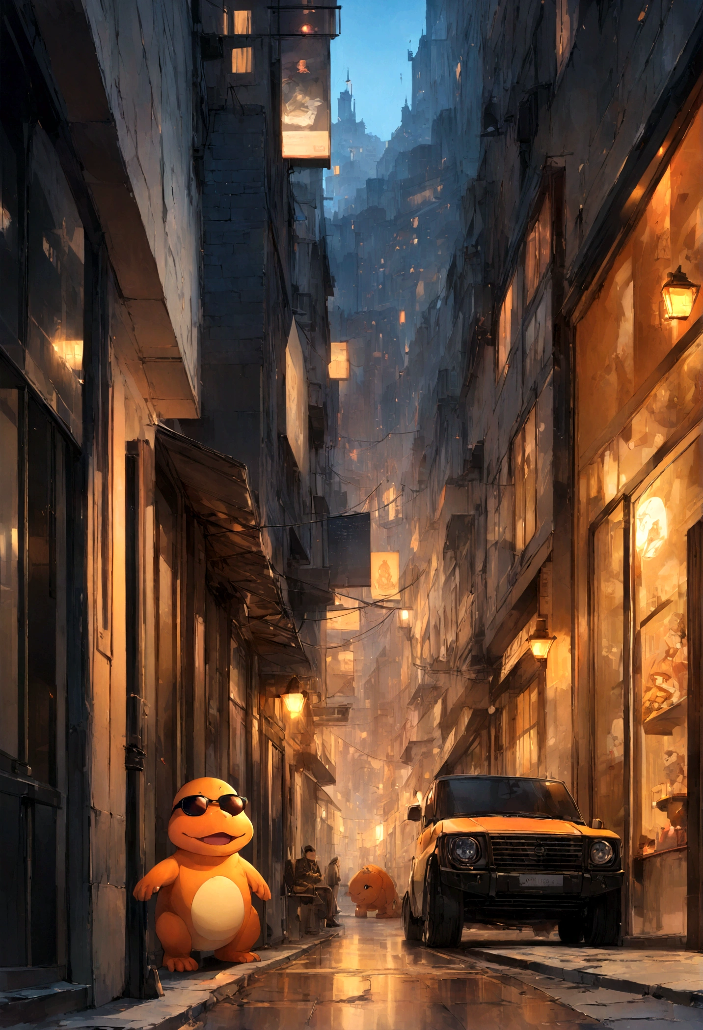 a highly detailed illustration of the Pokémon Charmander in the iconic black spy outfit and sunglasses, exceptional quality, dynamische Posen, schelmischer Ausdruck, urban nightscape, Beleuchtung dramatisch, hyperrealistischer Zeichenstil