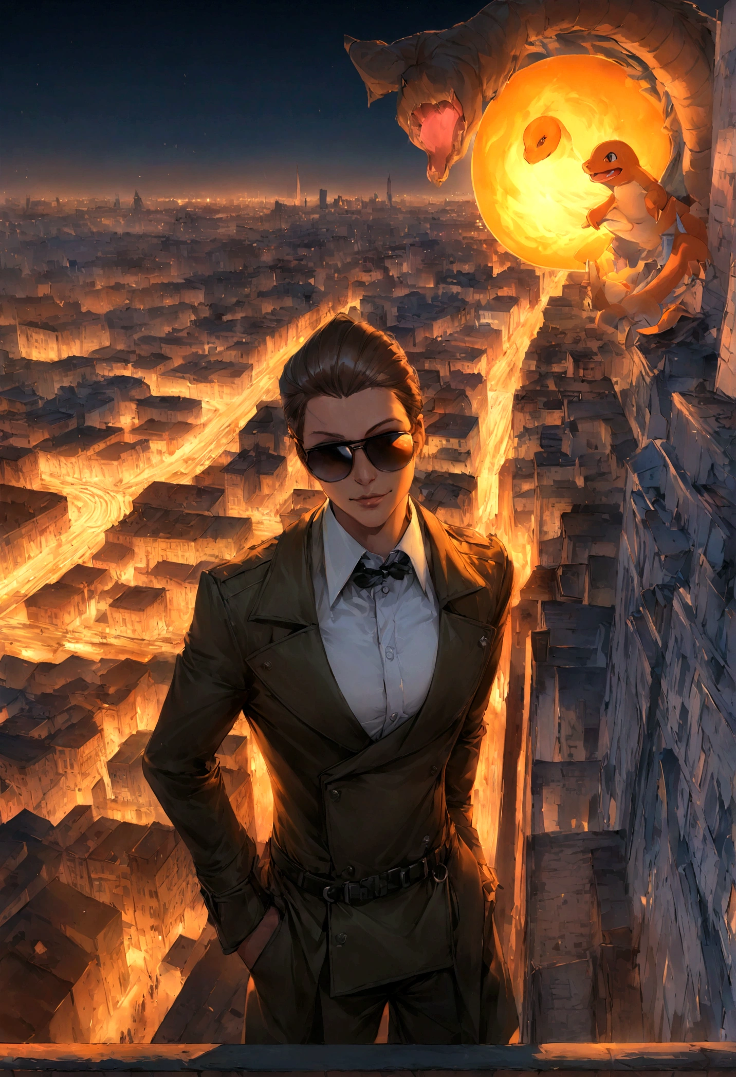 a highly detailed illustration of the Pokémon Charmander in the iconic black spy outfit and sunglasses, exceptional quality, dynamische Posen, schelmischer Ausdruck, urban nightscape, Beleuchtung dramatisch, hyperrealistischer Zeichenstil