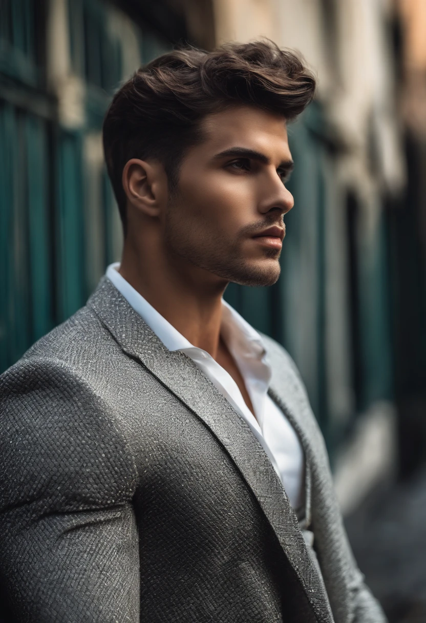 fotografia, masculine perfection, queixo forte, fleshy lips, nariz romano, cabelo loiro curto, hazel eyes, hiper-realista, 8k-v4 . Moda moderna alta costura fashion futurista. Roupa preta moderna