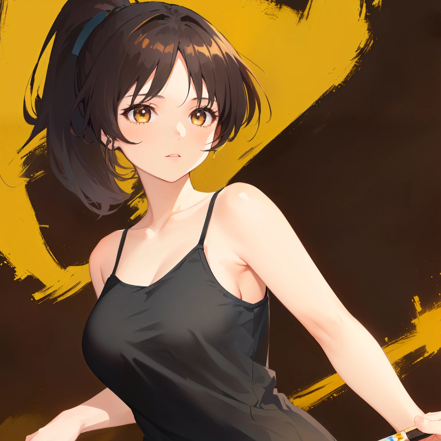 1girl, anime, short_face_framing_hair, ponytail, dark_brown_hair, medium_breasts, camisole, dark_gold_eyes, action_background, holding_brushes, painting_strokes, looking_at_viewer