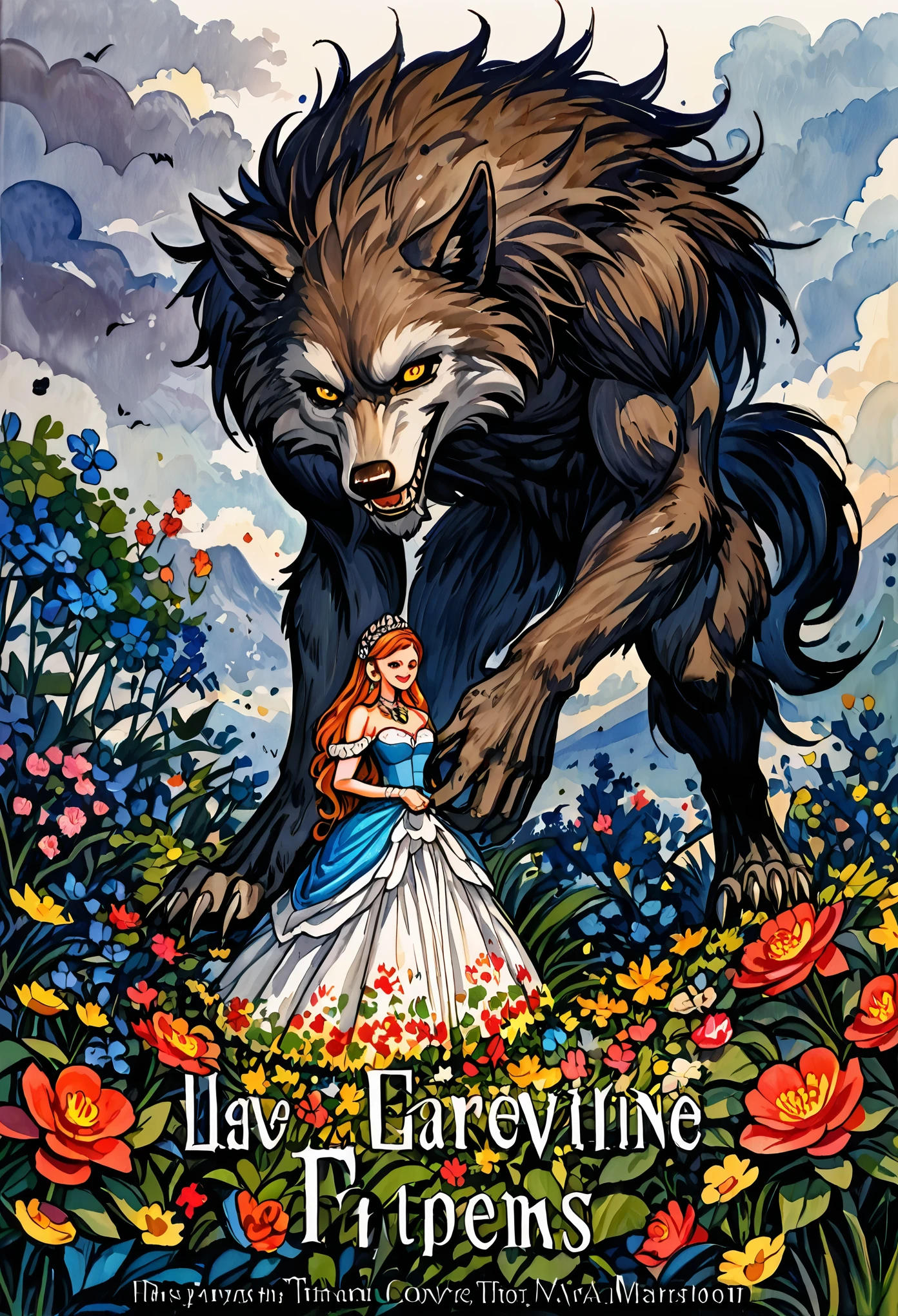 cover page, highres, top quality, best quality, paid reward available, unparalleled masterpiece, perfect artwork, absurdres, High-quality illustrations, watercolor, soft color, love story of human girl and giant Werewolf, werewolf who presents flowers to a girl, love romance, pair, Height difference, Physical difference, perfect anatomy, smile, happy,
