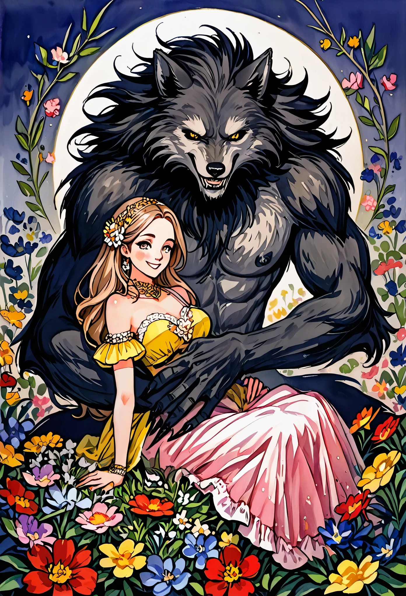 cover page, highres, top quality, best quality, paid reward available, unparalleled masterpiece, perfect artwork, absurdres, High-quality illustrations, watercolor, soft color, love story of human girl and giant Werewolf, werewolf who presents flowers to a girl, love romance, pair, Height difference, Physical difference, perfect anatomy, smile, happy,