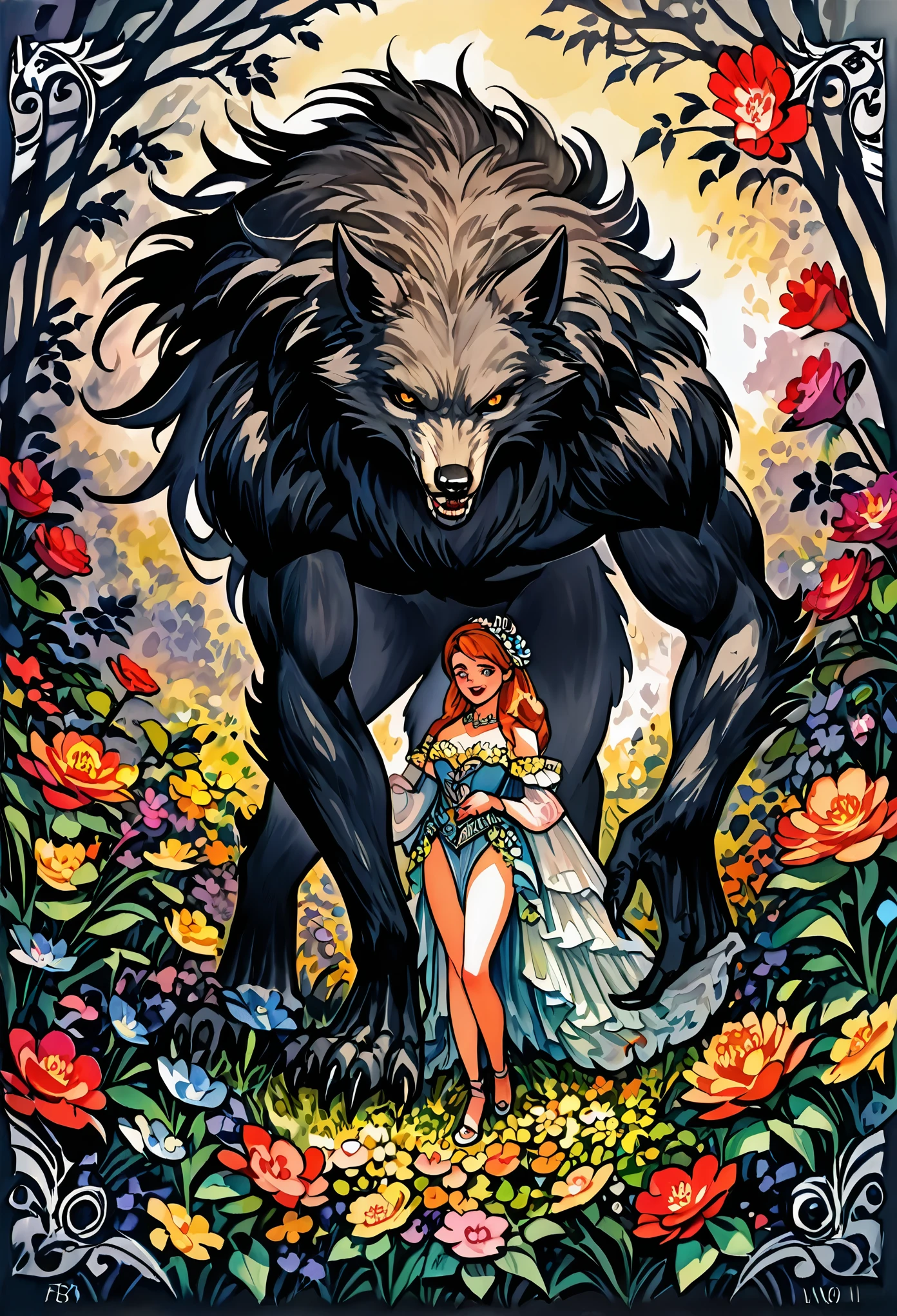 cover page, highres, top quality, best quality, paid reward available, unparalleled masterpiece, perfect artwork, absurdres, High-quality illustrations, watercolor, soft color, love story of human girl and giant Werewolf, werewolf who presents flowers to a girl, love romance, pair, Height difference, Physical difference, perfect anatomy, smile, happy,