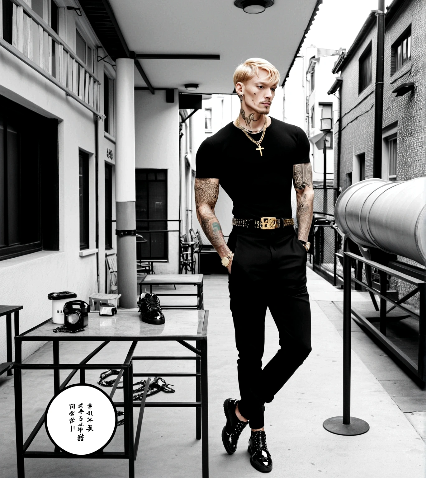 male、solo、short hair、Blonde、Short sleeve shirt、Black clothes、Cross Buckle Belt、Large buckle, Black trousers、thorny shoes、christian louboutin louis spikes, Spike sneakers, Black shoes, Muscular、Tattoo、Frowning、Gold Necklace、Chain Bracelet、Luxury Watches、Color Correction, smartphone