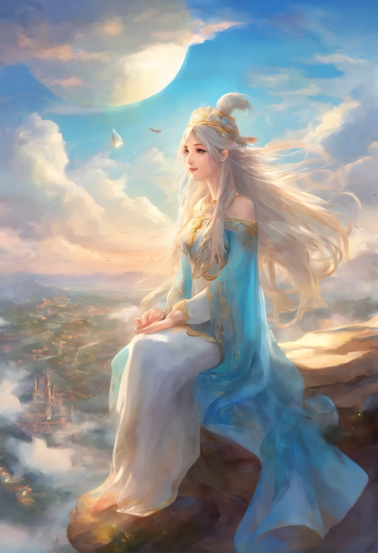 Light blue long hair、Beautiful girl with twin tails、Bright smile、Magical Land、Fantasy World、Sitting on a magic carpet and flying through the sky、Blue sky and white clouds、You can see the cityscape、Masterpiece