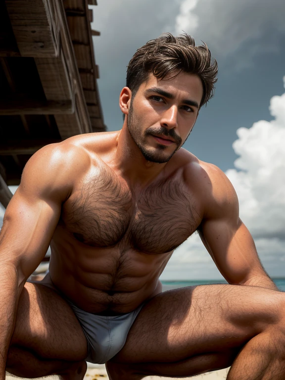 masterpiece, best quality, high resolution, closeup portrait, male focus, solo focus, A man, 30 years old, grey hair, in speedo, grey silver hair, messy hairstyle, cute and seductive face, bare chest, body hair, facial hair, roman nose, very skinny body, hairy legs, cute, dimples, goatee and mustache, bold jawline , sweaty, in the background a beach on a cloudy day, view from below, amazing composition, front view, HDR, ultra quality, elegant, highly detailed, squatting position