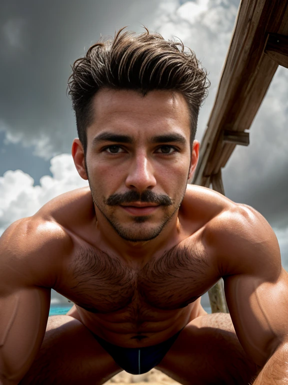 masterpiece, best quality, high resolution, closeup portrait, male focus, solo focus, A man, 30 years old, grey hair, in speedo, grey silver hair, messy hairstyle, cute and seductive face, bare chest, body hair, facial hair, roman nose, very skinny body, hairy legs, cute, dimples, goatee and mustache, bold jawline , sweaty, in the background a beach on a cloudy day, view from below, amazing composition, front view, HDR, ultra quality, elegant, highly detailed, squatting position