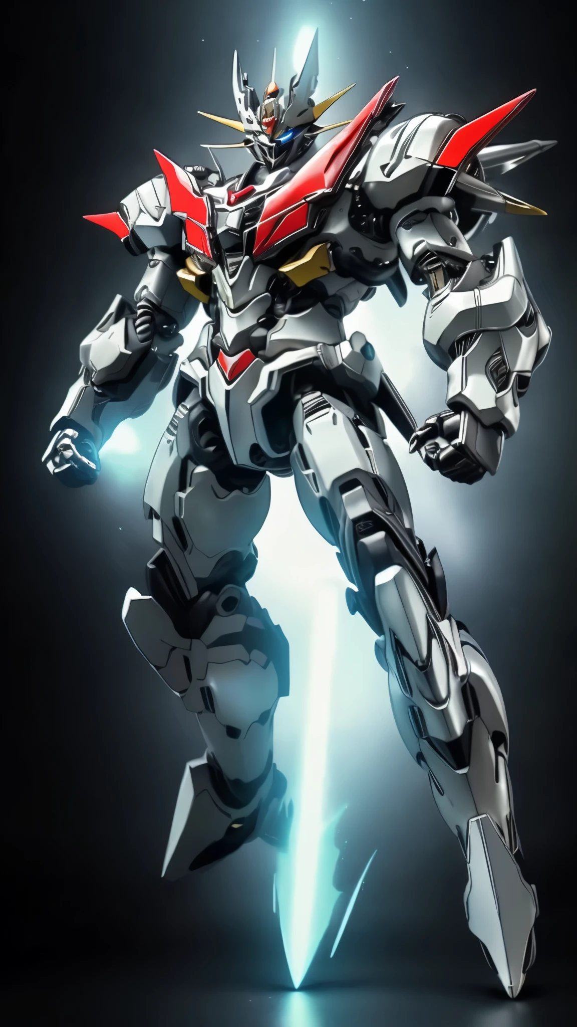 Humanoid Mecha, fully enclosed shoulder guards, matching arm and leg guards, full body, full armor, the design balances heavy with agility, (the color scheme is primarily white with red and blue accents, the concept Inspired by Mazinger Z, organic biotech armor, standing, floating high above the futuristic sci-fi city), exquisite and mature art style, (aura effect, energy, glowing eyes, the armor glows), Super robot, ((SRS)), metallic, dynamic, dramatic, high definition, best quality, highres, ultra-detailed, ultra-fine painting, extremely delicate, professional, perfect body proportions, anatomically correct, symmetrical face, extremely detailed eyes and face, high quality eyes, creativity, RAW photo, UHD, 32k, Natural light, cinematic lighting, masterpiece-anatomy-perfect, masterpiece:1.5