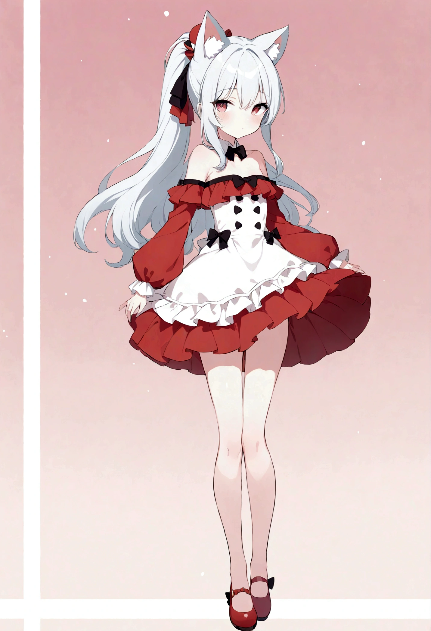 (masterpiece),Character sheet, 2d. ,girl,red sleeve,single,cat ears,long ponytail,Lovely cake dress,esbian full body,adorable,a skirt,looking at viewer,straight dresses,bare shoulders exposed,bare legs,Beautiful detailed eyes,Be red on the face,standing on your feet,clavicle,No shoulder strap,top hat,shoes,laws,ruffle,flat chest,short skirt,Bow knot,longer sleeves,arms at the sides,beautiful background