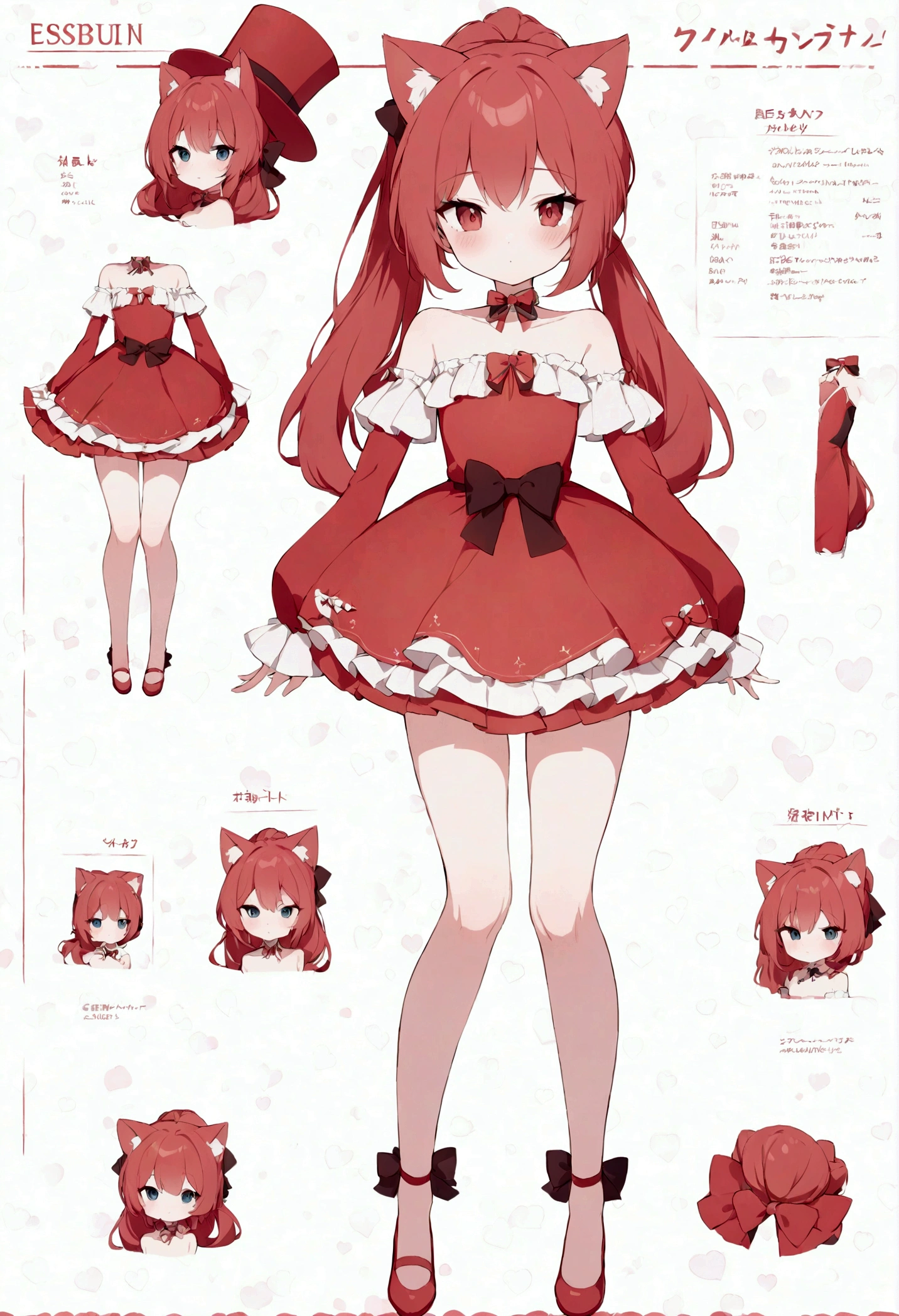 (masterpiece),Character sheet, 2d. ，girl，red sleeve，single，cat ears，long ponytail，Lovely cake dress，esbian full body，adorable，a skirt，looking at viewer，straight dresses，bare shoulders exposed，bare legs，Beautiful detailed eyes，Be red on the face，standing on your feet，clavicle，No shoulder strap，top hat，shoes，laws，ruffle，flat chest，short skirt，Bow knot，longer sleeves，arms at the sides，beautiful background