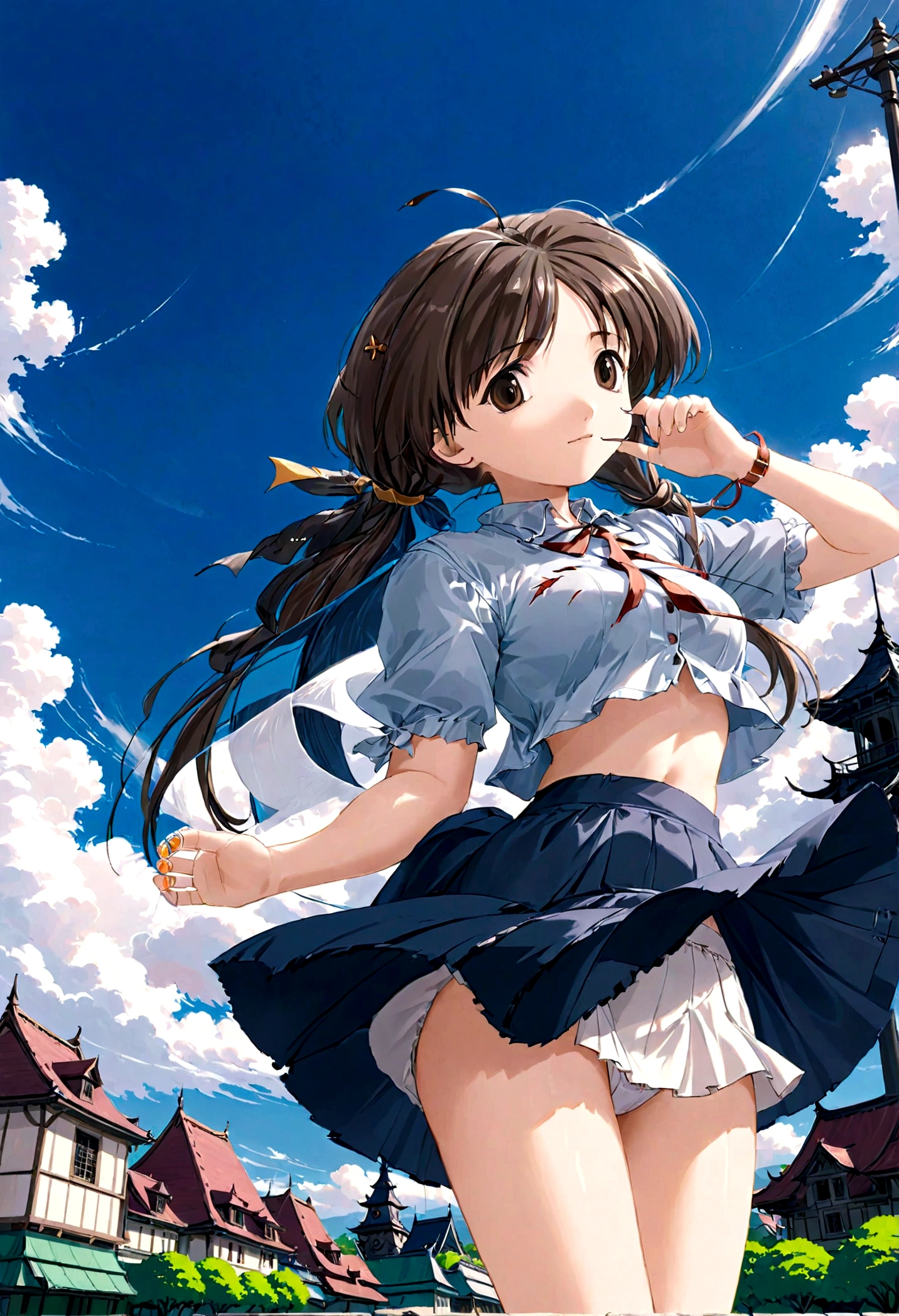 Low - Angle、Long skirt、強WindでHolding the flipping skirt with your hand、強WindでWhite cotton pantiesが見えている、:((Holding the flipping skirt with your hand))Low - Angle8Kで、highest quality、masterpiece、Ultra-detailed、Ultra-high resolution、Anime Style、1. High school girl、強Wind、((Holding the flipping skirt with your hand))、(impatient)White cotton panties:1.5), (Wind:1.25), (highest quality:1.0), (masterpiece:1.0), (Ultra-fine illustrations:1.0), ネイビーブルーのLong skirt、
、Lined、