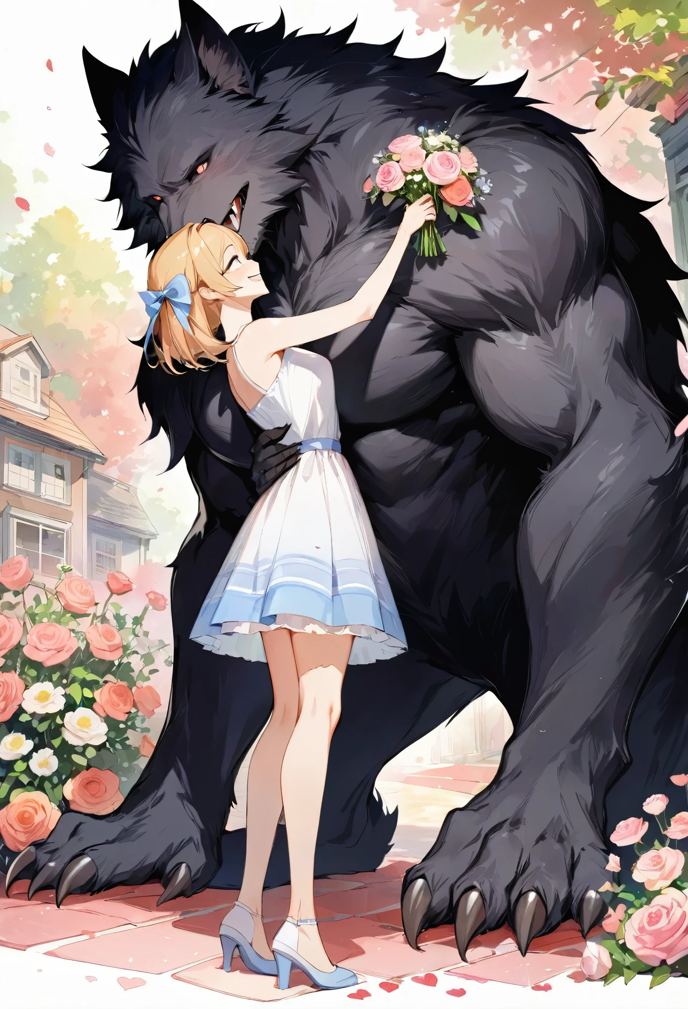 cover page, highres, top quality, best quality, paid reward available, unparalleled masterpiece, perfect artwork, absurdres, High-quality illustrations, watercolor, soft color, love story of human girl and giant Werewolf, werewolf who presents flowers to a girl, love romance, pair, Height difference, Physical difference, perfect anatomy, smile, happy,