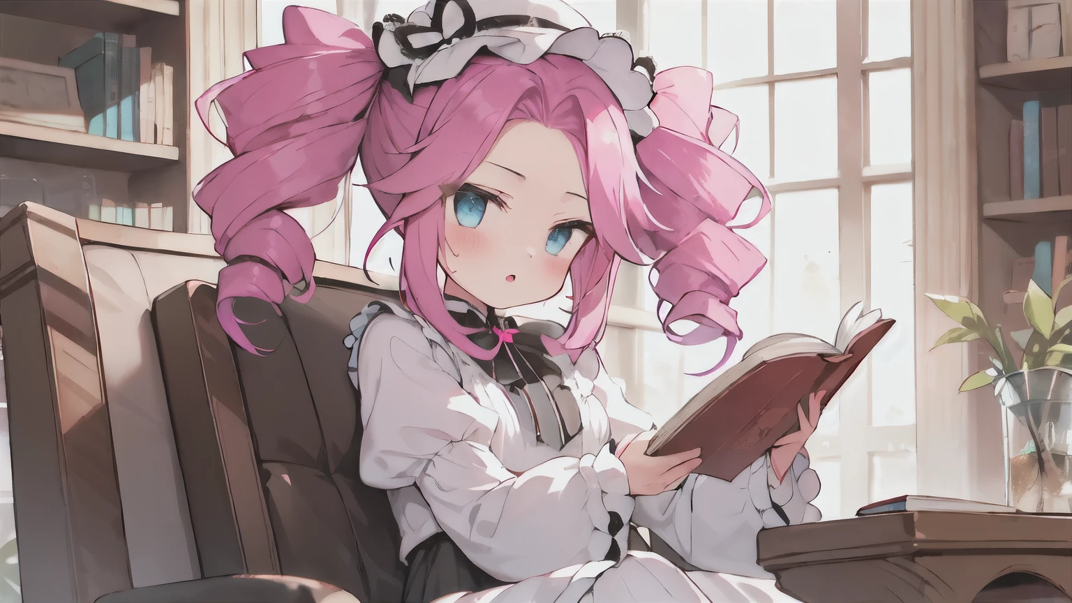 One Woman、young、blue eyes、Pink Hair、Long Hair、Drill-shaped twin-tail hairstyle、Wear a brim、Sit on a chair、I read a book、White Lolita Fashion