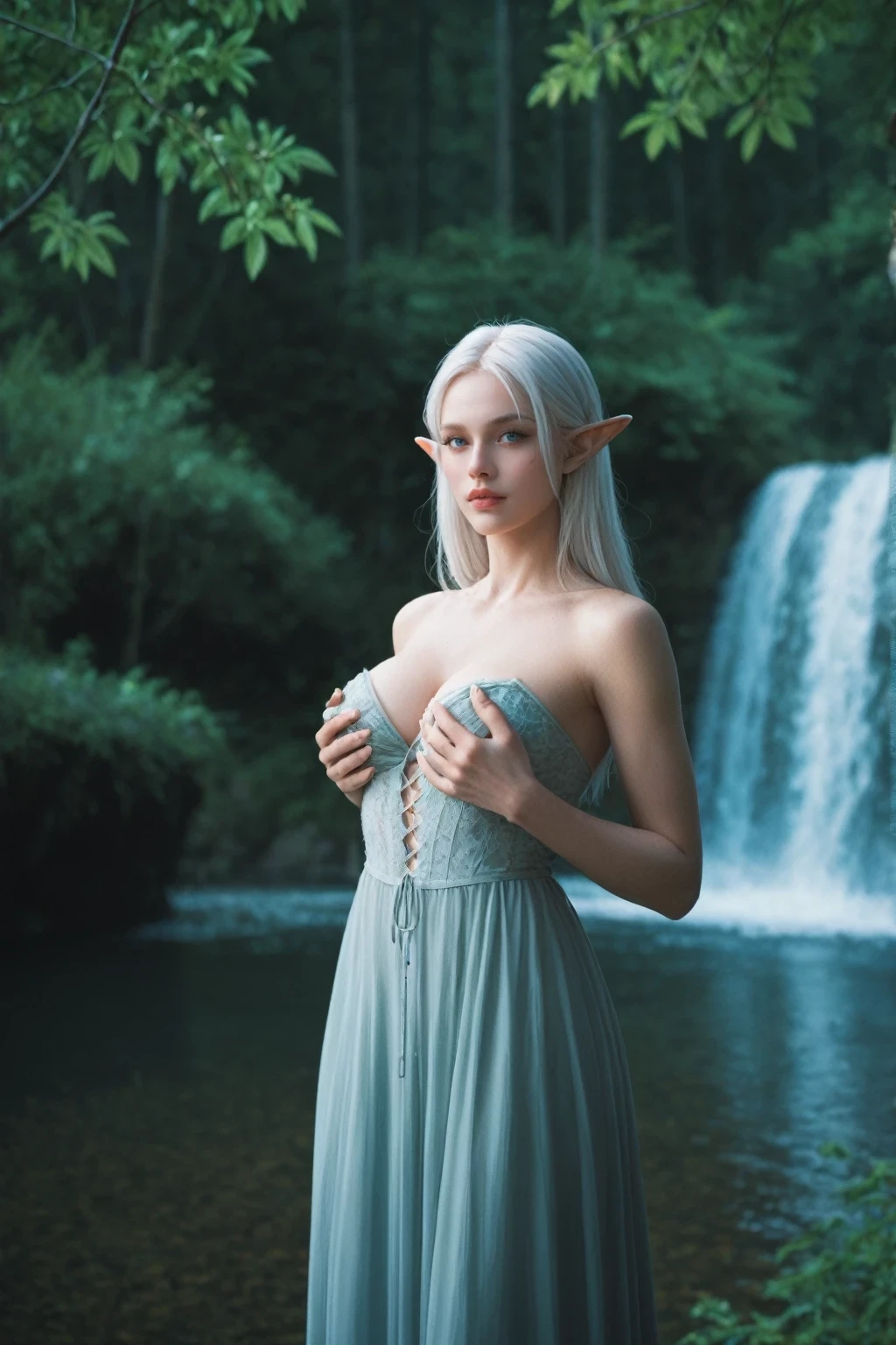 score_9, score_8_up, score_7_up, BREAK,
elf girl, holding breasts, white hair, forest, waterfall,
ambient lighting,