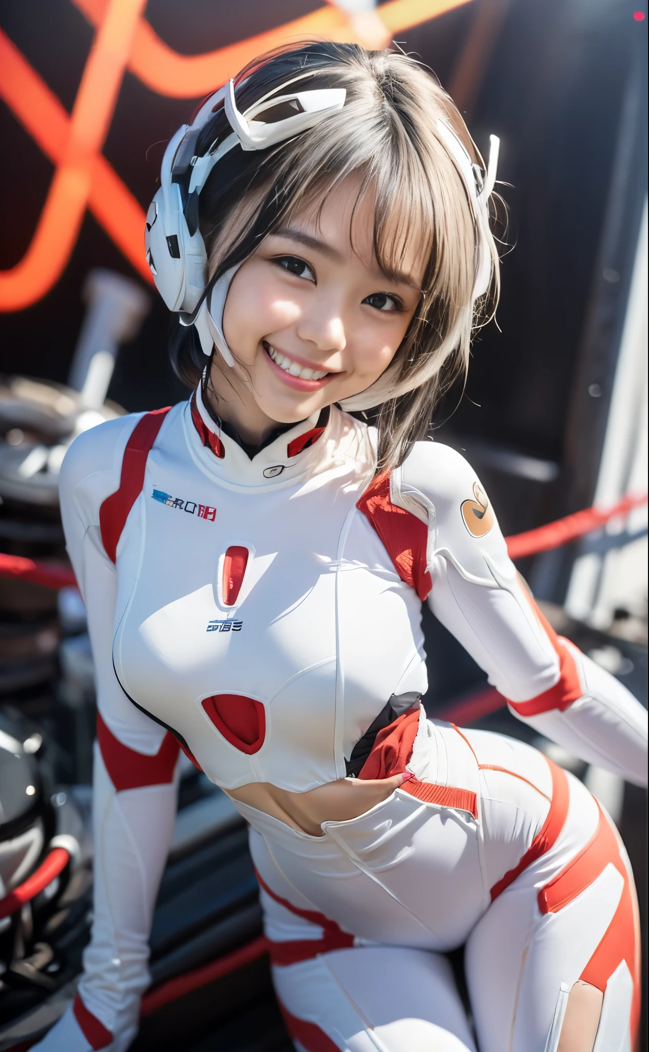 (8k、Raw photography、highest quality、masterpiece:1.2),(Black Hair、Dark Eyes:1.9),(White Plug Suit:1.6)、View your audience,Viewed from the front,White skin,(:1.6)、(Tight waist:1.6)、(Clothes that accentuate the shape of the breasts:1.0)、(Big Breasts :1.3)、Slim figure、Ultra-high resolution,beautiful,beautiful fece,(one person、No background:1.9),whole bodyボディー,Japanese women,(reality的:1.37)、Photon Mapping,reality、(Baby-faced and cute: 1.4)、(Cute Smile: 1.8)、(Round face: 1.8)、Radio City、Physically Based Rendering、Depth of field rally background、photograph, (I can see your knees、Thigh close-up:1.8),(:1.6),whole body、Great quality