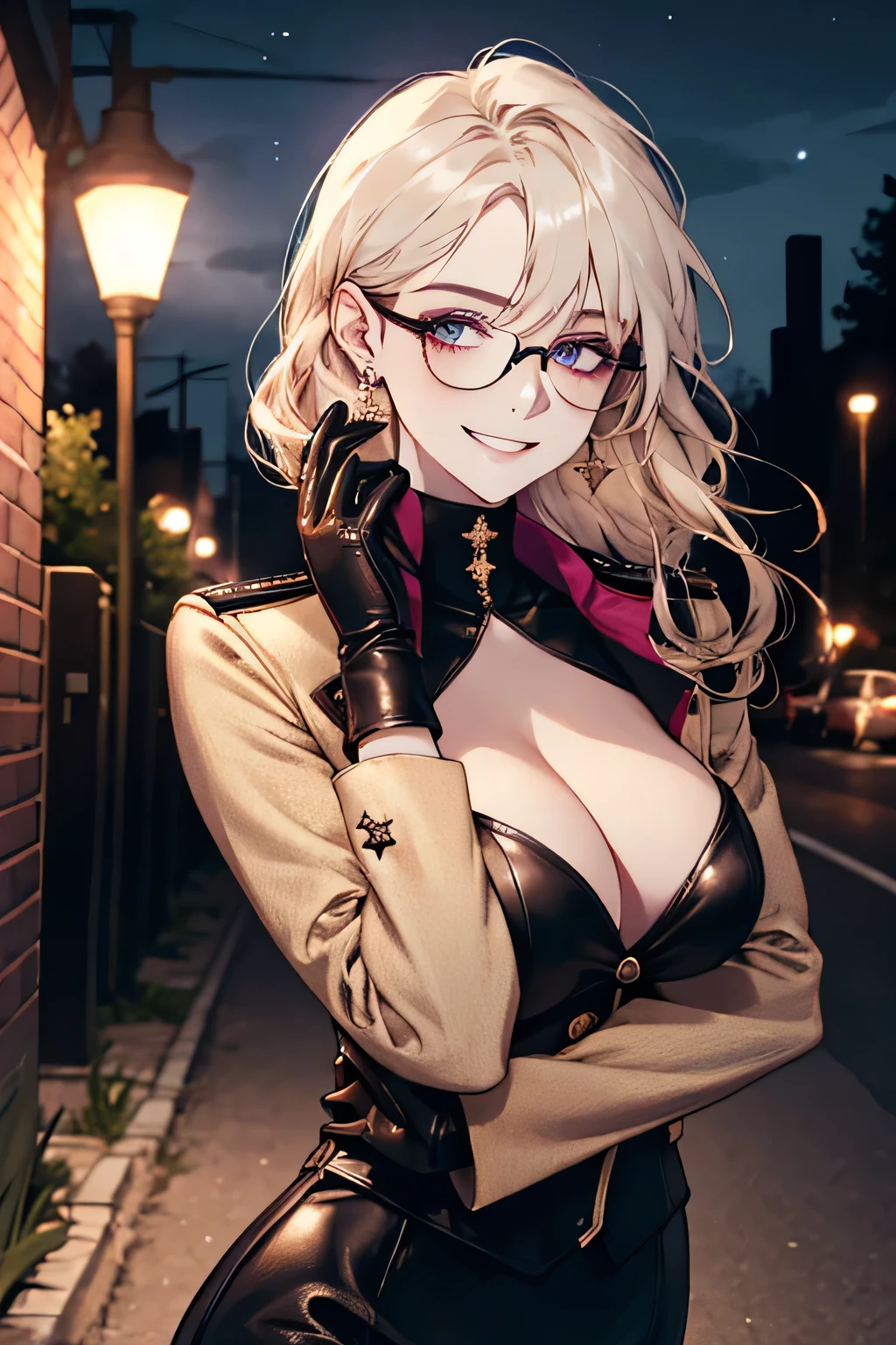 ( Detailed Description, High resolution,8k wallpaper,, masterpiece,best quality,Depth of Realm). A beautiful young woman、so beautiful、Anatomically accurate depiction,Platinum Blonde,Facial details、Glasses、Gold earrings in the ears(Provocative smile),(She is wearing a dark purple military jacket.、Black Leather Gloves,Wearing a tight black leather skirt)、(Large Breasts)、Cleavage,Accurate hand drawing. The background is a collapsed building,night,Street lamp.
