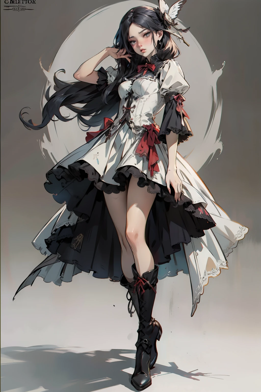 ((best quality)), ((masterpiece)), (detailed), a penitent female, blank white background, plain background, white background, red and white clothing, Bloodborne aesthetic, occult aesthetic, occult, occult paraphernalia, detailed and intricate steampunk and detailed gothic, NSFW, Very dramatic and cinematic lighting, cosmic horror, grim-dark, side-lighting, perfect face, NSFW, Fluttering lace flared dress with frilly petticoats, pleated petticoats, petticoats, complex lace boots, side-lighting, gothic aesthetic, chains, mechanical components, carbine, NSFW, beautiful small breasts, small breasts, full body, whole body, body, plain background, white background, blank background, no background, white background NSFW, full body, whole body, head-to-toe dynamic poses NSFW