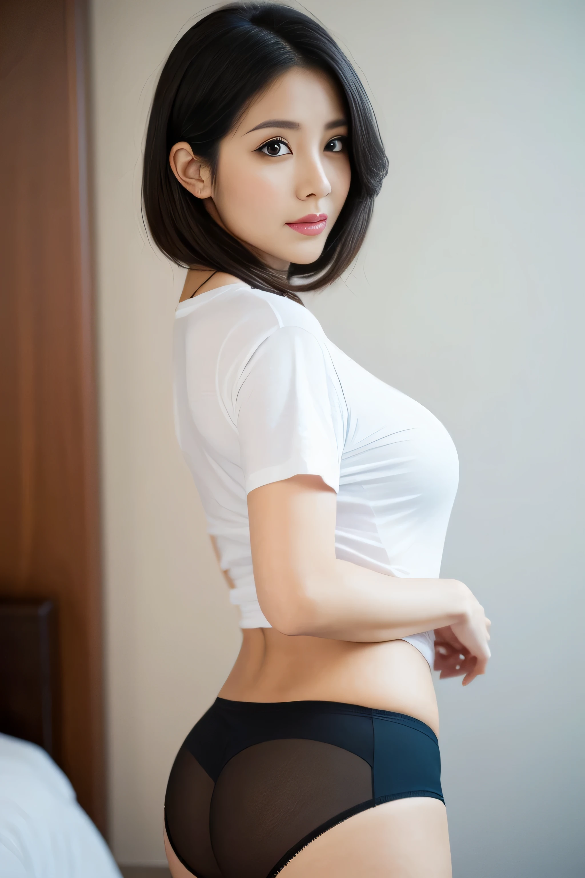 1woman, 40-years-old, mature older woman, thick babe, slightly chubby, tight black hipster boyshorts accentuate her ass, crisp white oversized t-shirt, short formless black hair, nerdy style, gorgeous anime face, mascara