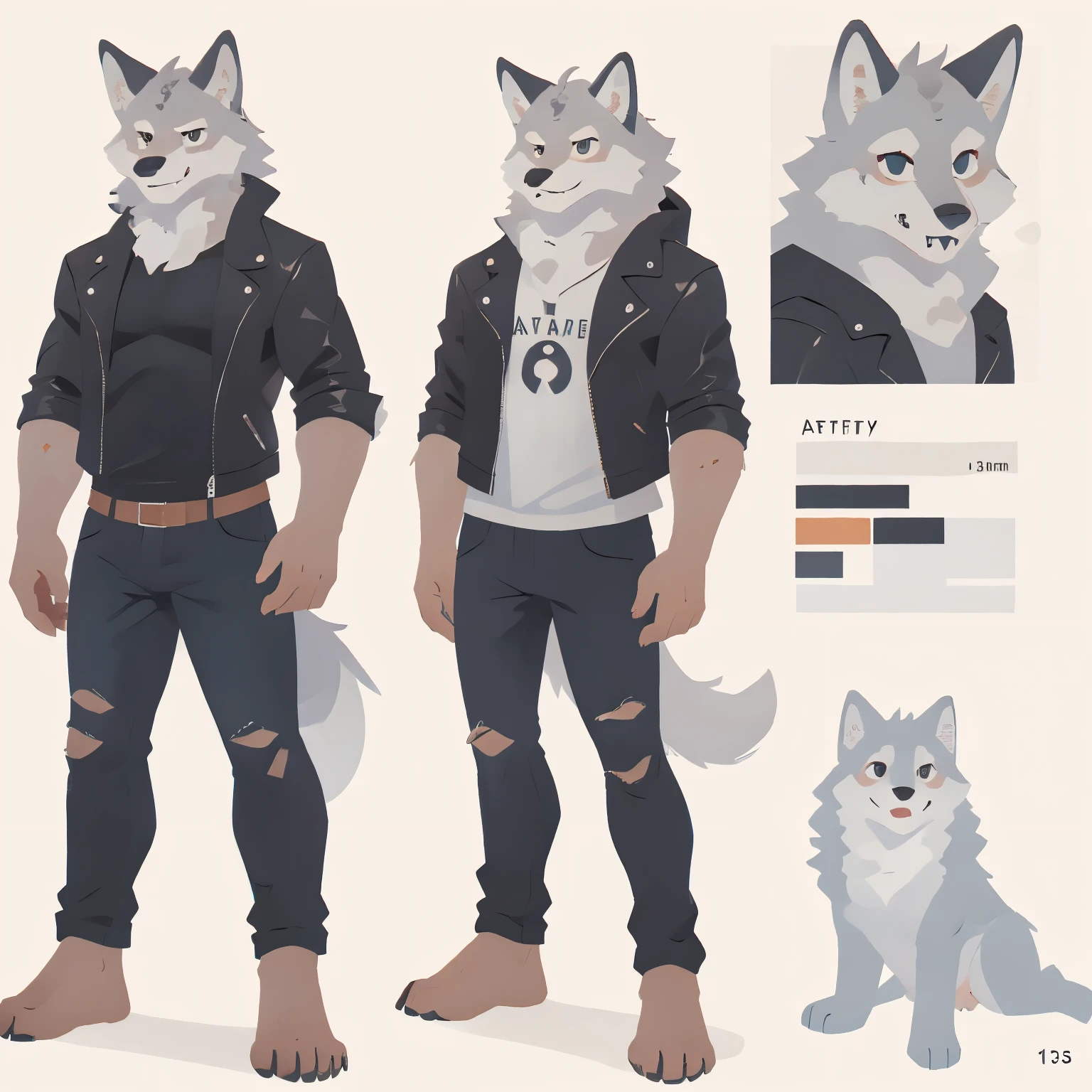 Adult men, male furry fluffy anthropomorphic gray-white wolf, ference sheet, full body , detailed features like expressive eyes, bushy tail, sharp teeth, realistic fur texture, medium: digital illustration, front view and back view, high-resolution, professional quality, intricate patterns on the fur, adorable and charismatic personality, attention to anatomical, designed facial structure, in in a T-shirt, over a leather jacket, black jeans, tall, masculine,