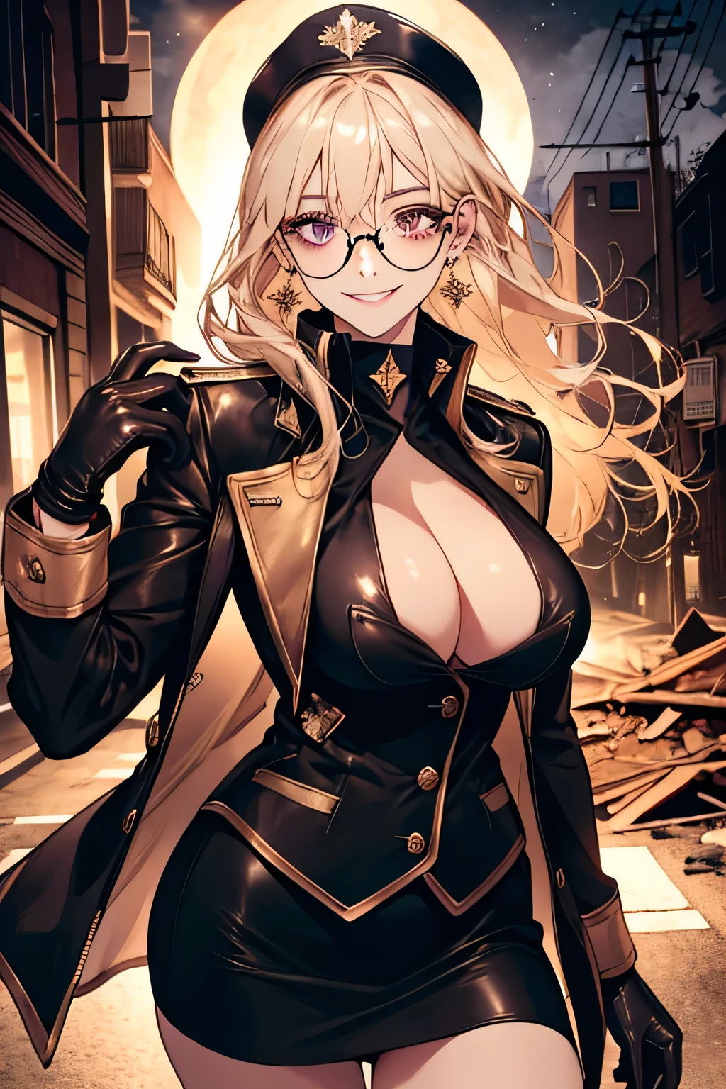 ( Detailed Description, High resolution，8k wallpaper，, masterpiece，best quality,Depth of Realm).                                                                     A beautiful young woman、so beautiful、Anatomically accurate depiction，Platinum Blonde，Facial details、Glasses、Gold earrings in the ears(Provocative smile),（She is wearing a dark purple military jacket.、Black Leather Gloves，Wearing a tight black leather skirt）、(Large Breasts)、Cleavage，Accurate hand drawing.                     The background is a collapsed building，night，Street lamp.