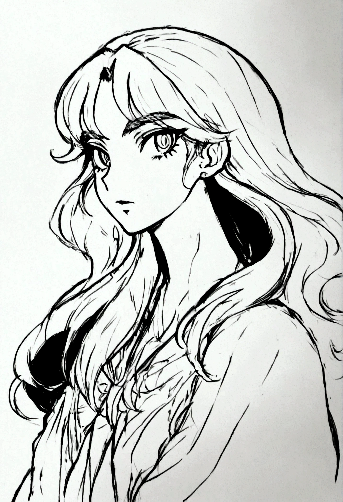 Female character sketch, cabelos longos, sketch made in black and white. Dash style is anime. Rosto alegre, olhos marcantes, delicate features
