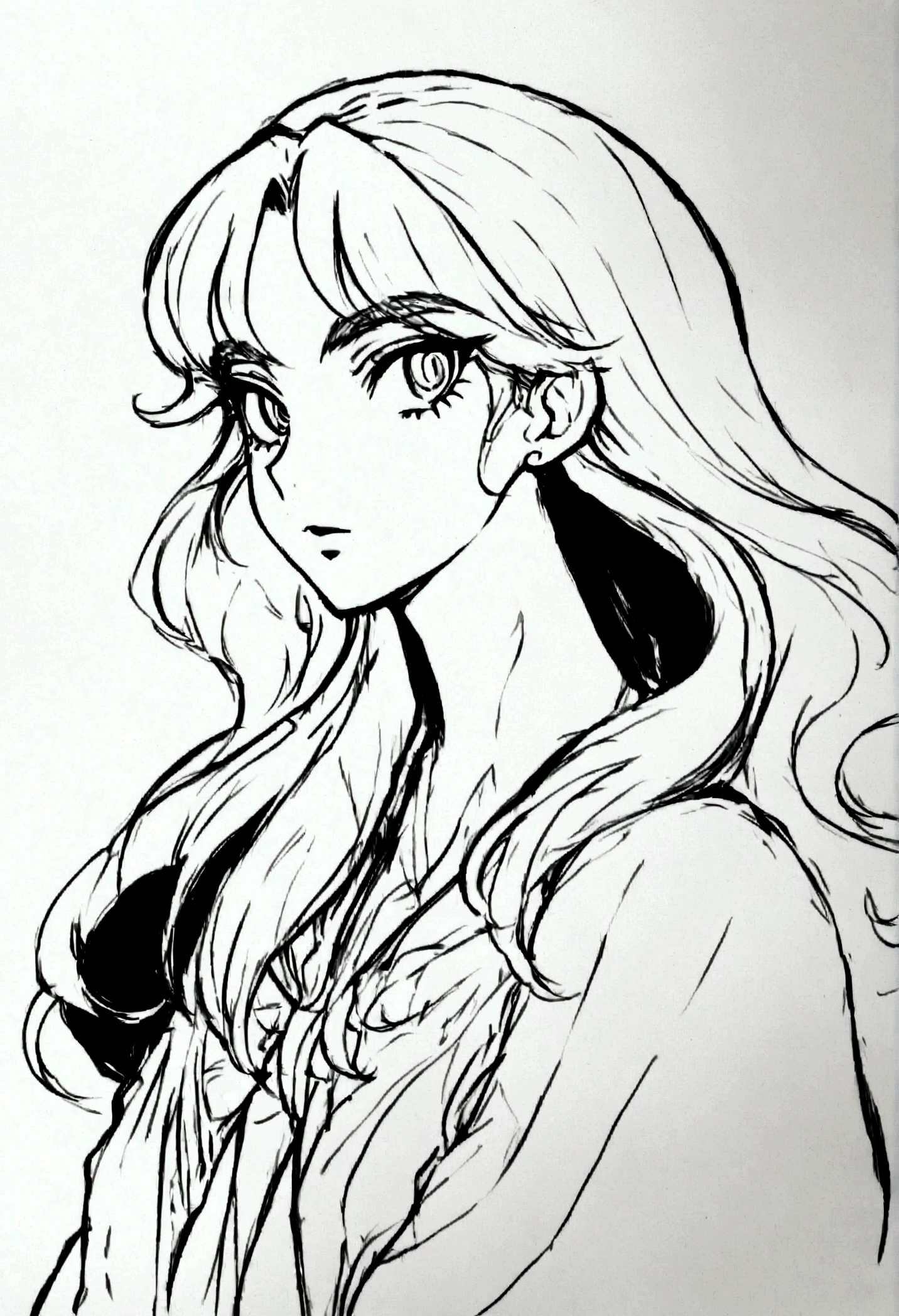 Female character sketch, cabelos longos, sketch made in black and white. Dash style is anime. Rosto alegre, olhos marcantes, delicate features