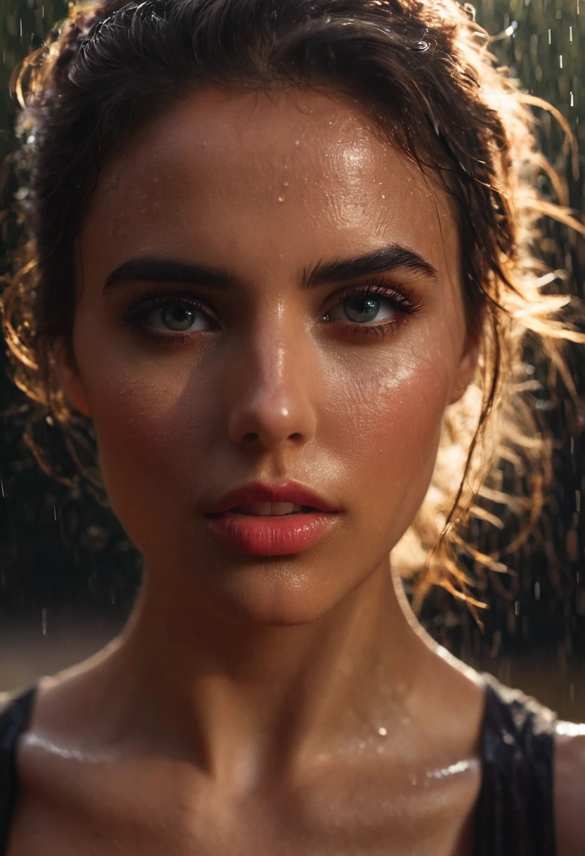 photo, gorgeous girl, (extreme closeup portrait), movie scene, frontal, facing the camera, ((dynamic shadows)), solo, model photoshoot, (film grain), ((rain, messy, wet)), sunset, detailed eyes, 100mm f/2.8 macro lens, Fujifilm XT3, Canon R5, Fujicolor Fujichrome Velvia 100, shirt, complex background, masterpiece, visually stunning:1.5, evocative, best quality, intricate and very detailed:1.5, professionally graded colors, hyper-detailed:1.8, cinematic design:1.5, very detailed image, hyperealistic, realistic art style, photorealism, dynamic lighting, light rays, detailed background, cinematic lighting, cinematic angle, very aesthetic, ultra detailed, intricate details, semi realistic, best quality, realistic, photo realistic, dramatic lighting, detailed lighting, realistic photo, [[volumetric lighting, dappled lighting]], ((vignette)), highly detailed, moody, epic, gorgeous, film, atmospheric haze, Ultra High Resolution, wallpaper, 8K,Rich texture details, hyper detailed, detailed background, dramatic angle, epic composition, dynamic lighting, award winning photo, complex background, caustics, optics, surreal, magic, perfect anatomy, best resolution, best quality, highres, realistic photo, professional photography, professional color grading, cinematic angle, reflection lights, closed up, many details, extreme detailed, full of details, life-like details, cinematic, dramatic, dynamic, extremely refined lines and and shapes, extremely refined details on objects, sharp details, wide range of colors, many details everywhere, raytracing, antialiasing, Realistic soft shadows, Low saturation colors, insane quality, insane resolution, Insane details, masterpiece, 8k, 4k resolution, 