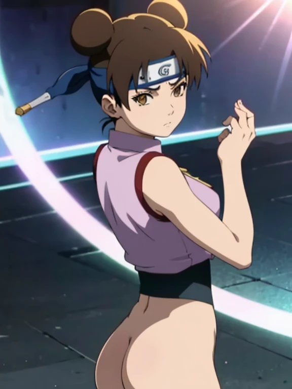 back shot, anime detallado, realista,, chica detallada, Tenten ,Hermosa figura, Piernas largas, pecho mediano, hermoso rostro, escena de combate, (luchar), estilo animado, vistoso, perceptual lighting
