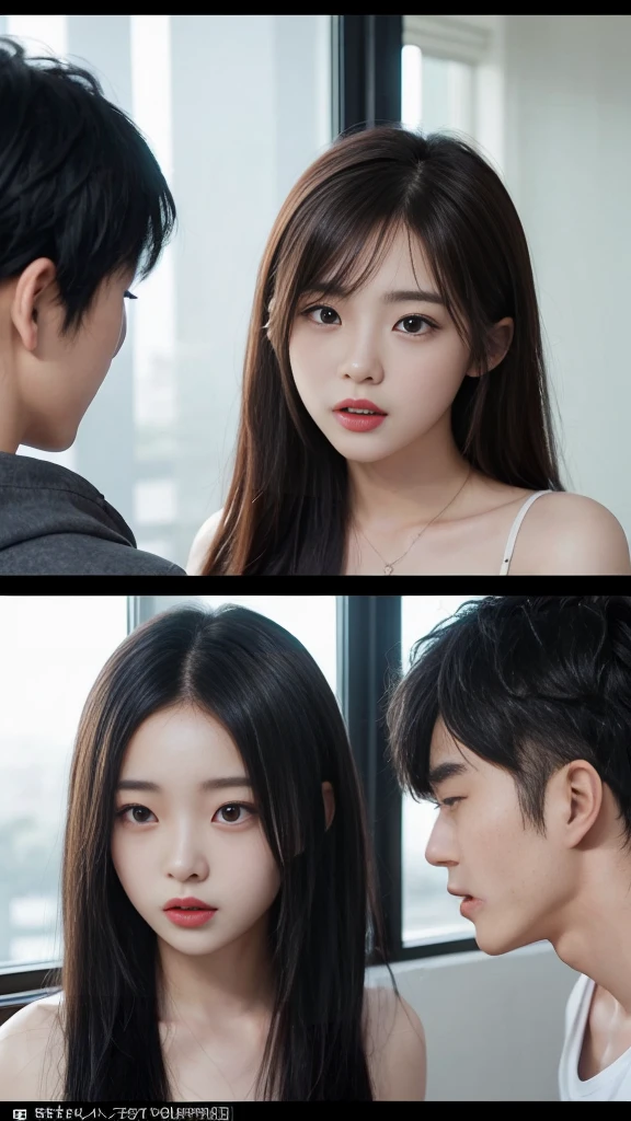 (high quality), (NSFW:1.2), split screen, A delinquent, mature high school girl and a Korean adult man enjoying a smartphone chat app, Her smartphone display shows a number of Korean adult men chatting to a high school girl., Their chat language is English, Men are waiting for her response, popup window, And there's a man, This man is requesting a chat with her on the smartphone screen. Chat takes place alternately between women and men..