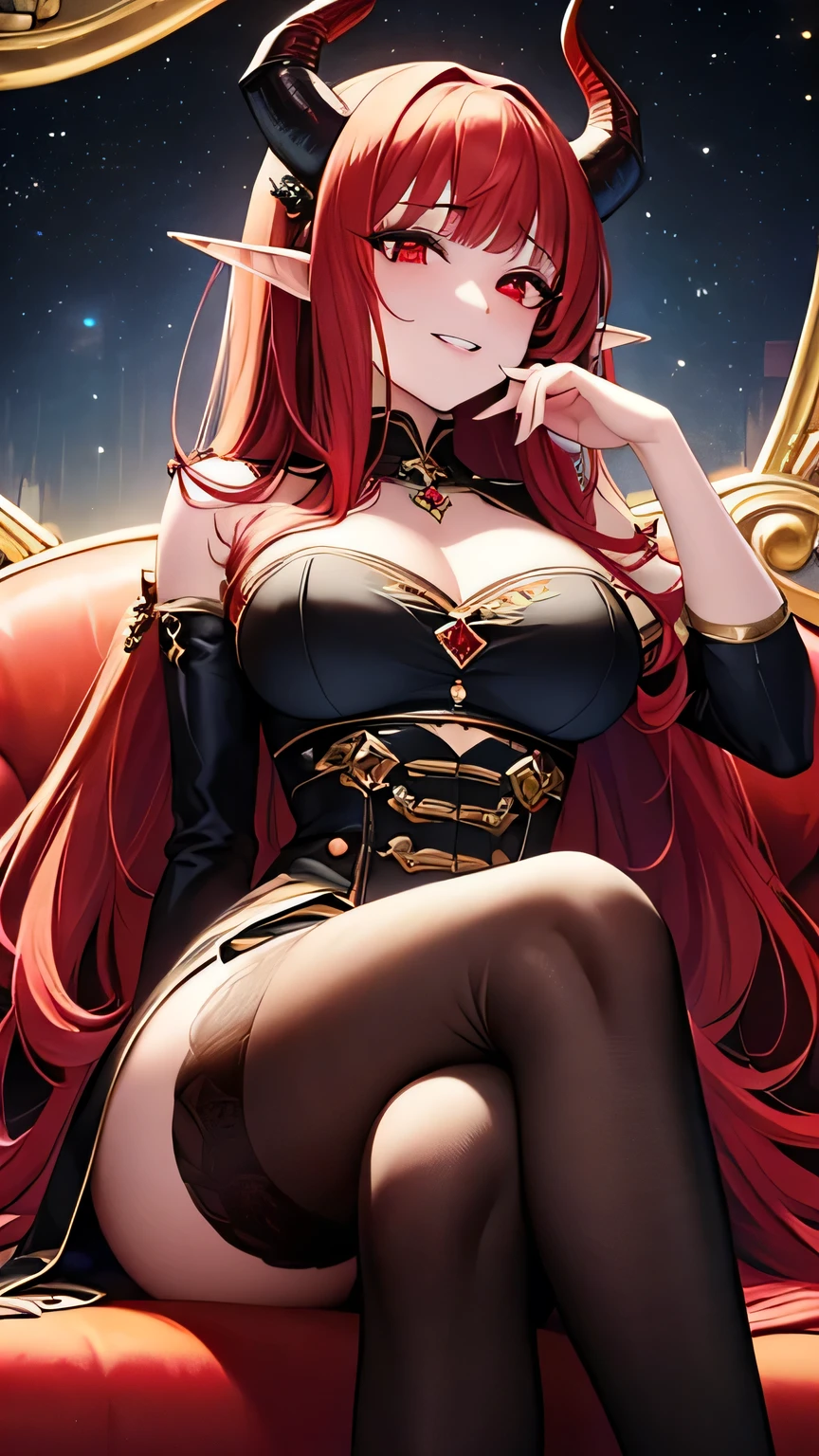 (masterpiece, top quality, best quality, official art, beautiful and aesthetic:1.2), (1girl:1.3), extremely detailed,(fractal art:1.2),colorful, highest detailed, parted lips,wallpaper, red hair, ponytail, (detailed eyes, cosmic eyes, (different golden and red eyes)), horn, bangs, fur trimmed coat, black coat, armpits, medium breast, horn towadrs the fronts, horn towards the bangs, erotic pose, sitting, sitting crossed legs, sofa, challenging smile, elf ears