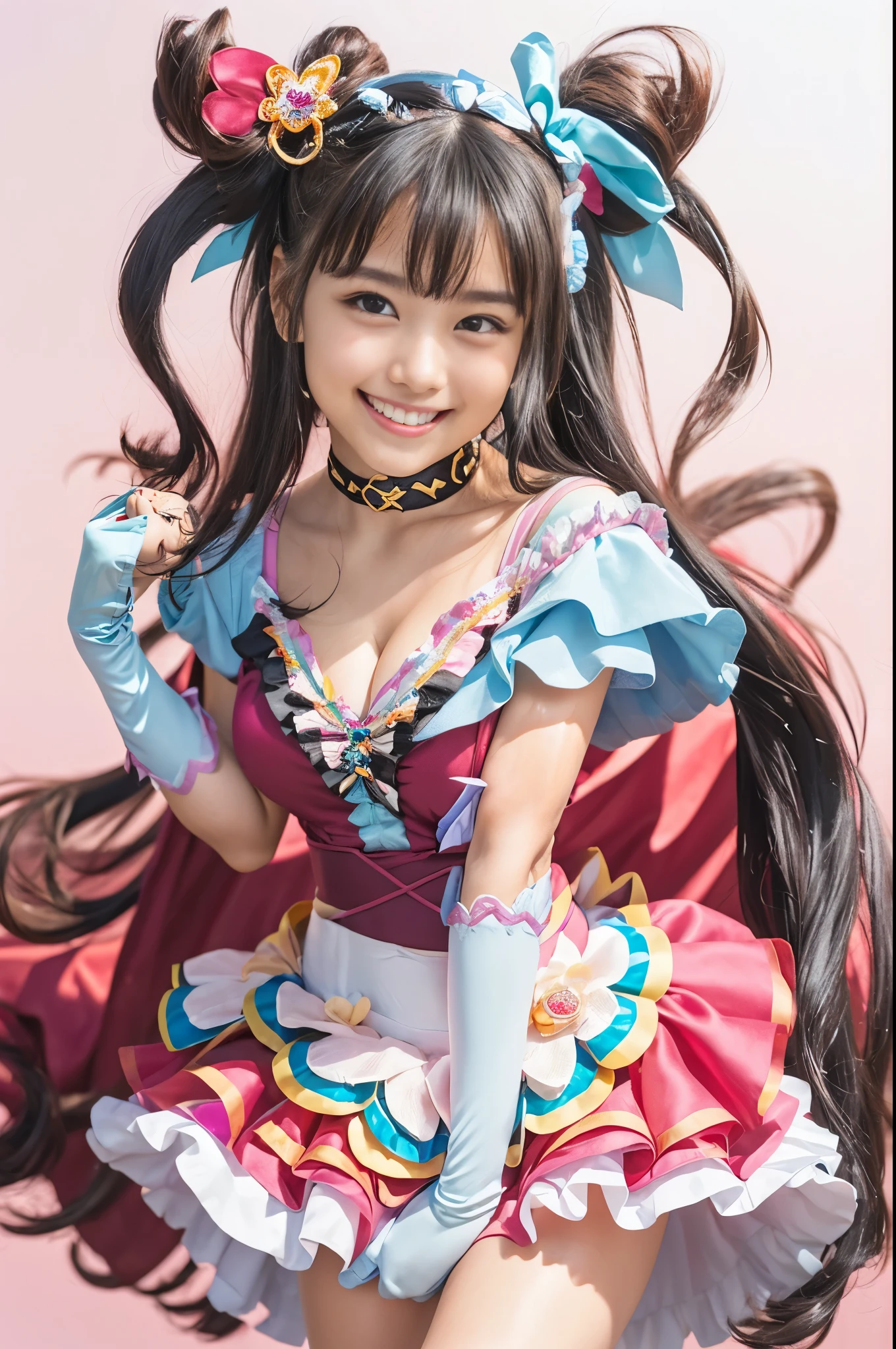 （8k、Raw photography、highest quality、masterpiece：1.2),(Black Hair、Dark Eyes:1.9),(PreCure Costumes:1.6)、View your audience,Viewed from the front,White skin,(:1.6)、(Tight waist:1.6)、(Clothes that accentuate the shape of the breasts:1.0)、(Big Breasts :1.3)、Slim figure、Ultra-high resolution,beautiful,beautiful fece,(one person、No background:1.9),whole bodyボディー,Japanese women,（reality的：1.37）、Photon Mapping,reality、(Baby-faced and cute: 1.2)、(Cute Smile: 1.8)、(Round face: 1.8)、Radio City、Physically Based Rendering、Depth of field rally background、photograph, (I can see your knees、Thigh close-up:1.8),（:1.6）,whole body、Great quality