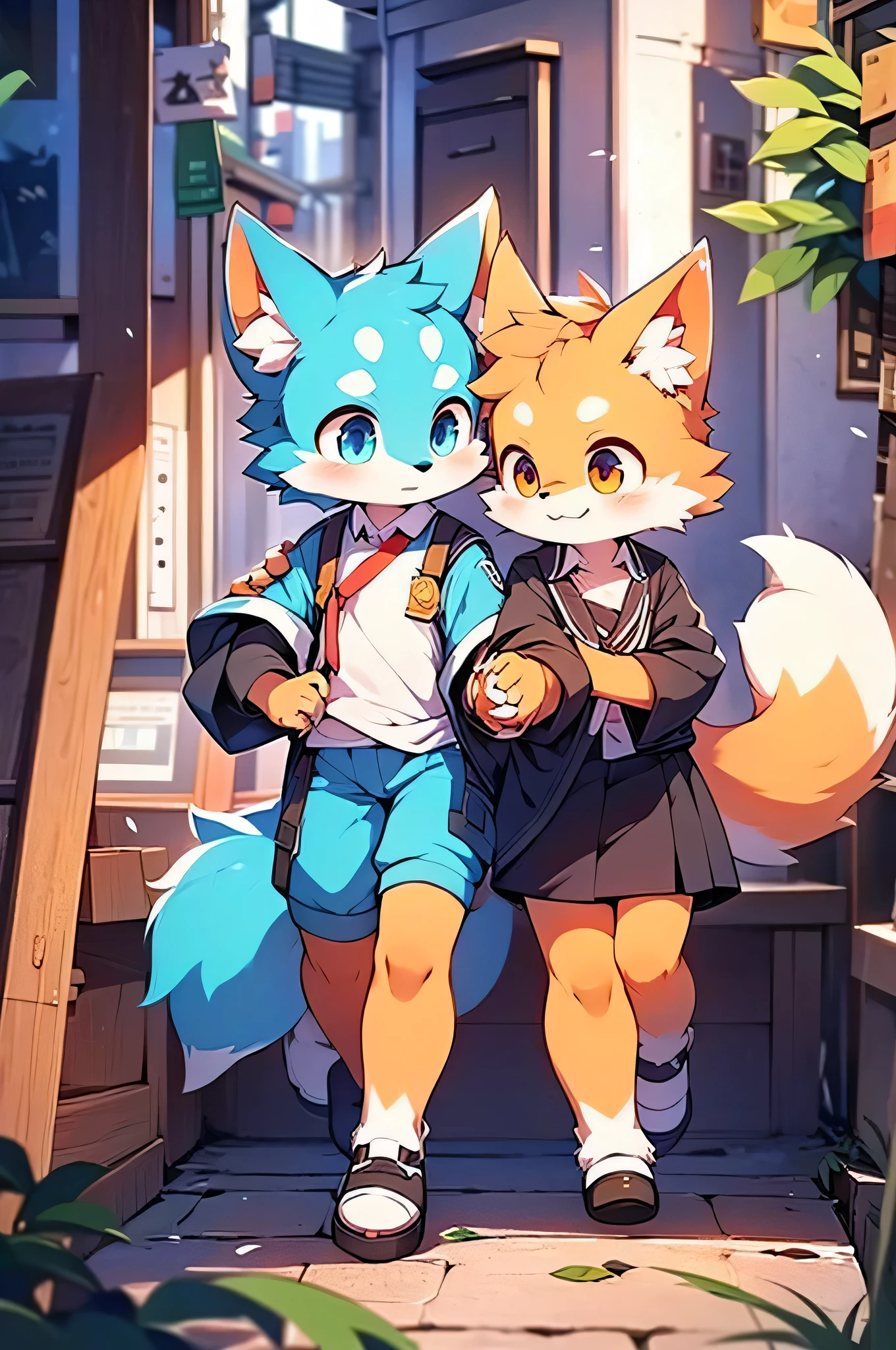 Blue fur, Canine, fox motif, Couple of girls and boys, uniform、Holding hands，