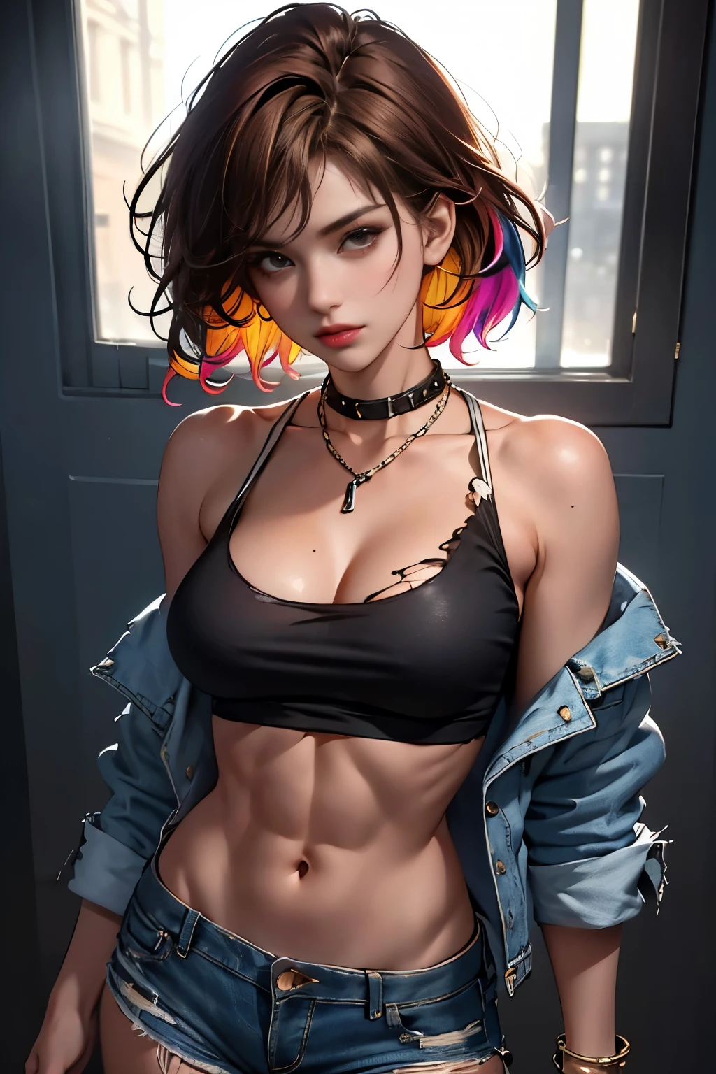 ((medium breast, tomboy girl,)),  (chiseled abs : 1.1), (perfect body : 1.1), (short wavy hair : 1.2) , auburn hair, collar, chain, full body shot, crowded street, wearing tanktop, jeans jacket, (torn clothes:1.3)((shorts)), (extremely detailed CG 8k wallpaper), (an extremely delicate and beautiful), (masterpiece), (best quality:1.0), (ultra highres:1.0),  beautiful lighting ,perfect lightning, realistic shadows, [highres], detailed skin, ultra-detailed (((colorful))),high realistic,