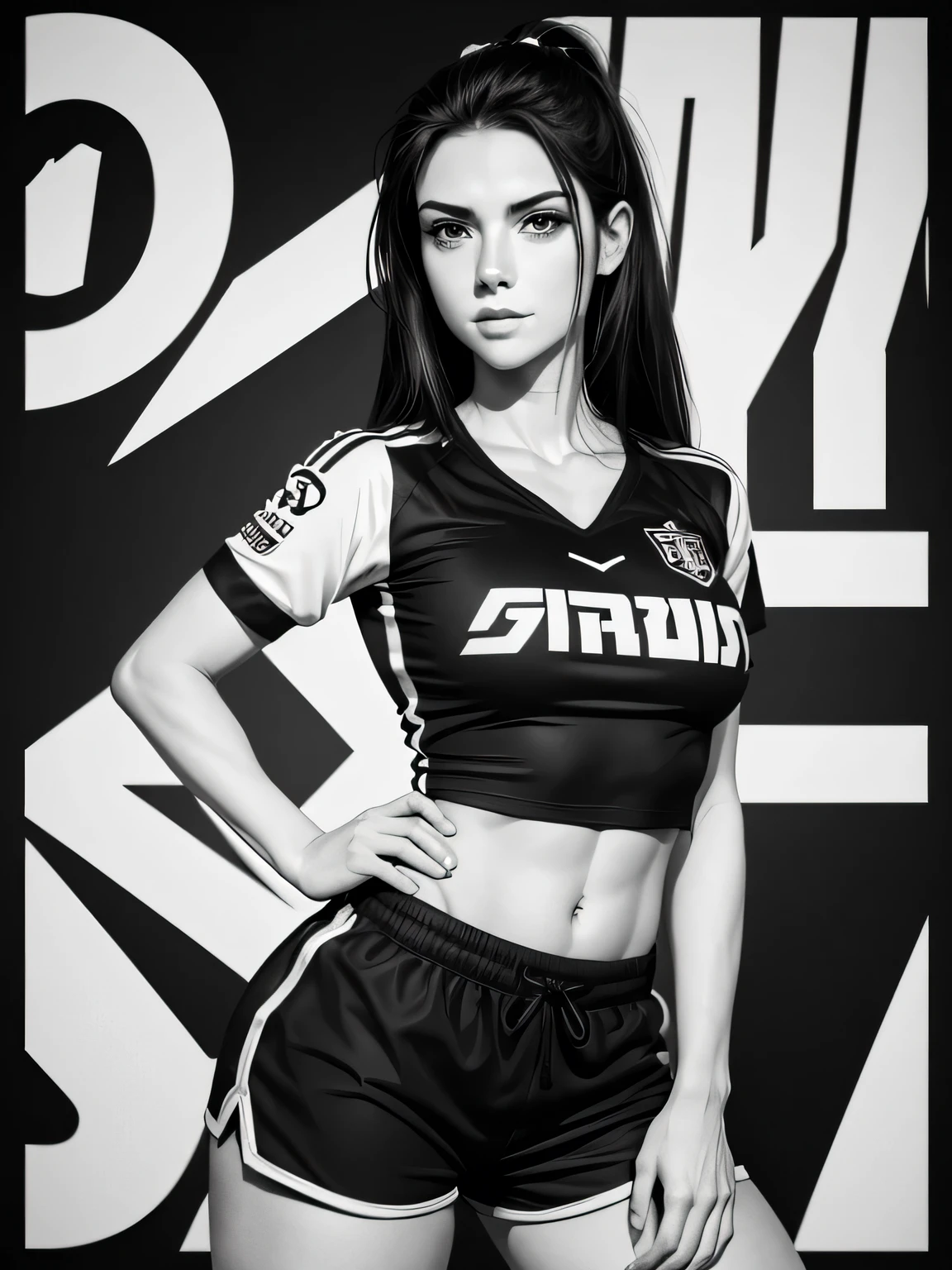 Mulher atleta jogadora de futebol,bola,shorts curto feminino,camiseta curta seios grandes,Bela arte de linha, black and white comic style, manga style, sexy manga art style, pencil and ink caricature drawing, black and white coloring,arte vector preto e branco