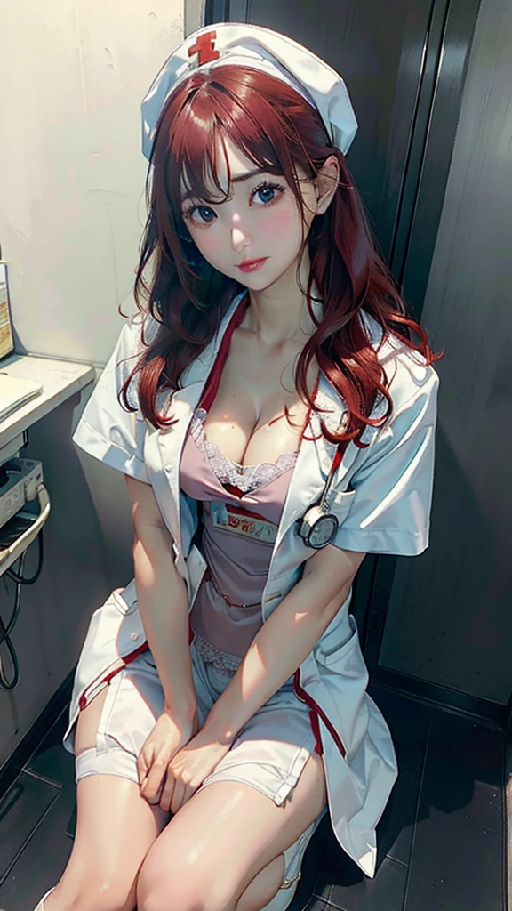 (((HD photo))), ultra high res.photorealistic:. 1.4, UHD, masterpiece, trending on artstation, portrait, full body shot, 1girl, pretty, cute face, most beautiful in the world, cleavage, soft, delicate, (long red hair), perfect figure, (wearing white doctor uniform:1.2), leaning over, holding stethoscope:1.4, medical fetish, examination, sunkissed, hospital ward background, sfw