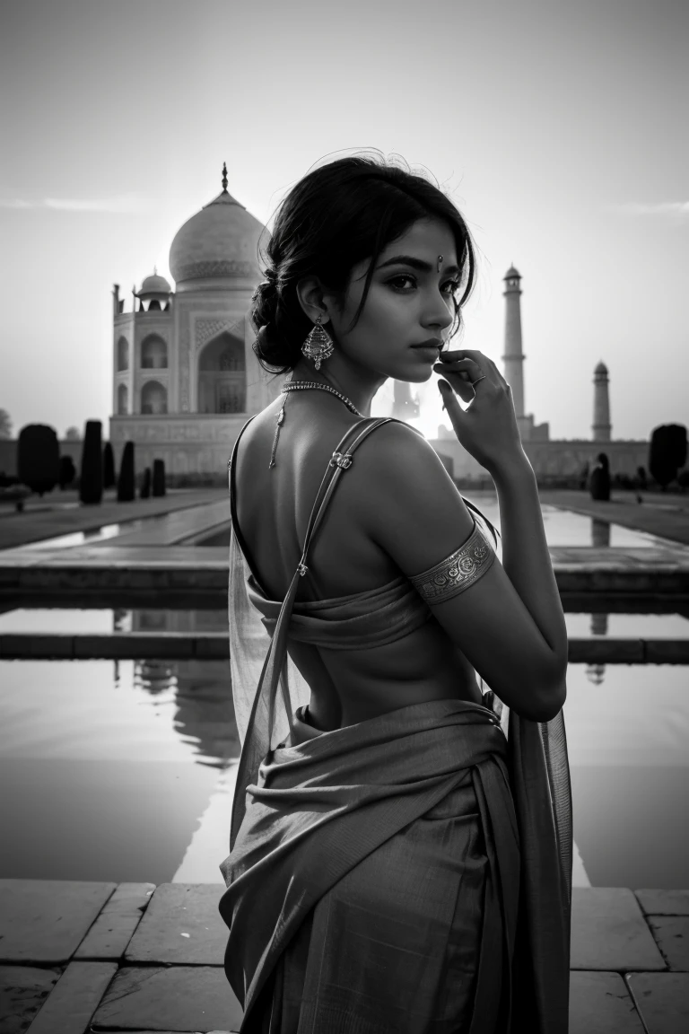 A 22 years old india woman in sari working in laptop , Ilford XP2 Super (Black and White) , Vintage, Romantic , Shot from Behind , Shot by Blackmagic Pocket Cinema Camera 6K Pro with Sigma 18-35mm f/1.8 DC HSM Art Lens , beautifully lit, high resolution, clear tones, depth of field, cinematic lighting, 4k, elite, luxury, micro detalls, bokeh, elegant, cinematic, photorealistic , Hair light , in Front of Taj Mahal , Photography by Richard Avedon ,
