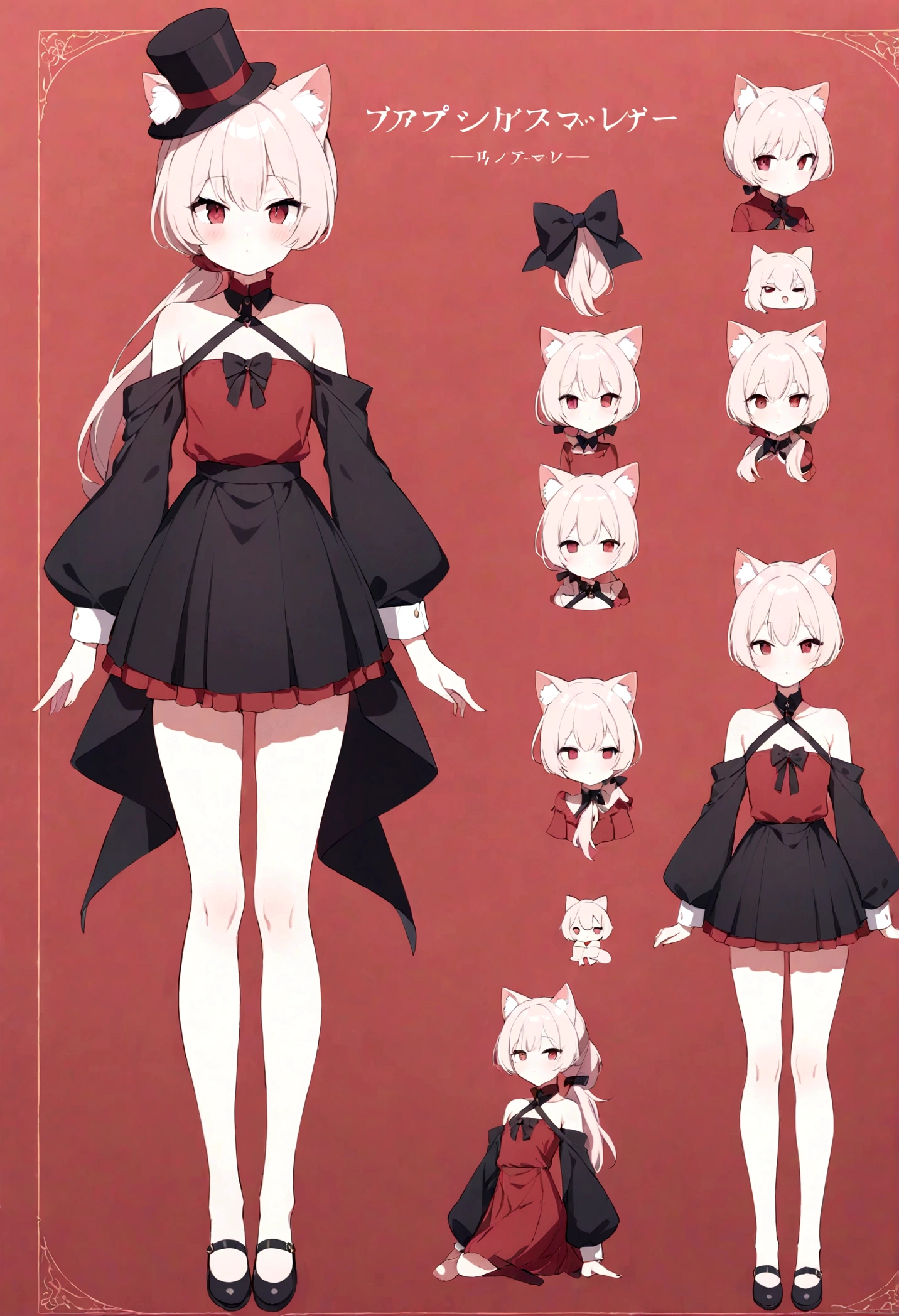 (masterpiece),Character sheet, 2d. Girl, black sleeve, red shirt, single, cat ears, long ponytail, full body, adorable, skirt, looking at viewer, straight dresses, bare legs, beautiful detailed eyes, being red in the face, standing on your feet,clavicle,No shoulder strap,top hat,shoes,laws,ruffle,flat chest,short skirt,Bowknot,longer sleeves,arms at the sides,beautiful background,