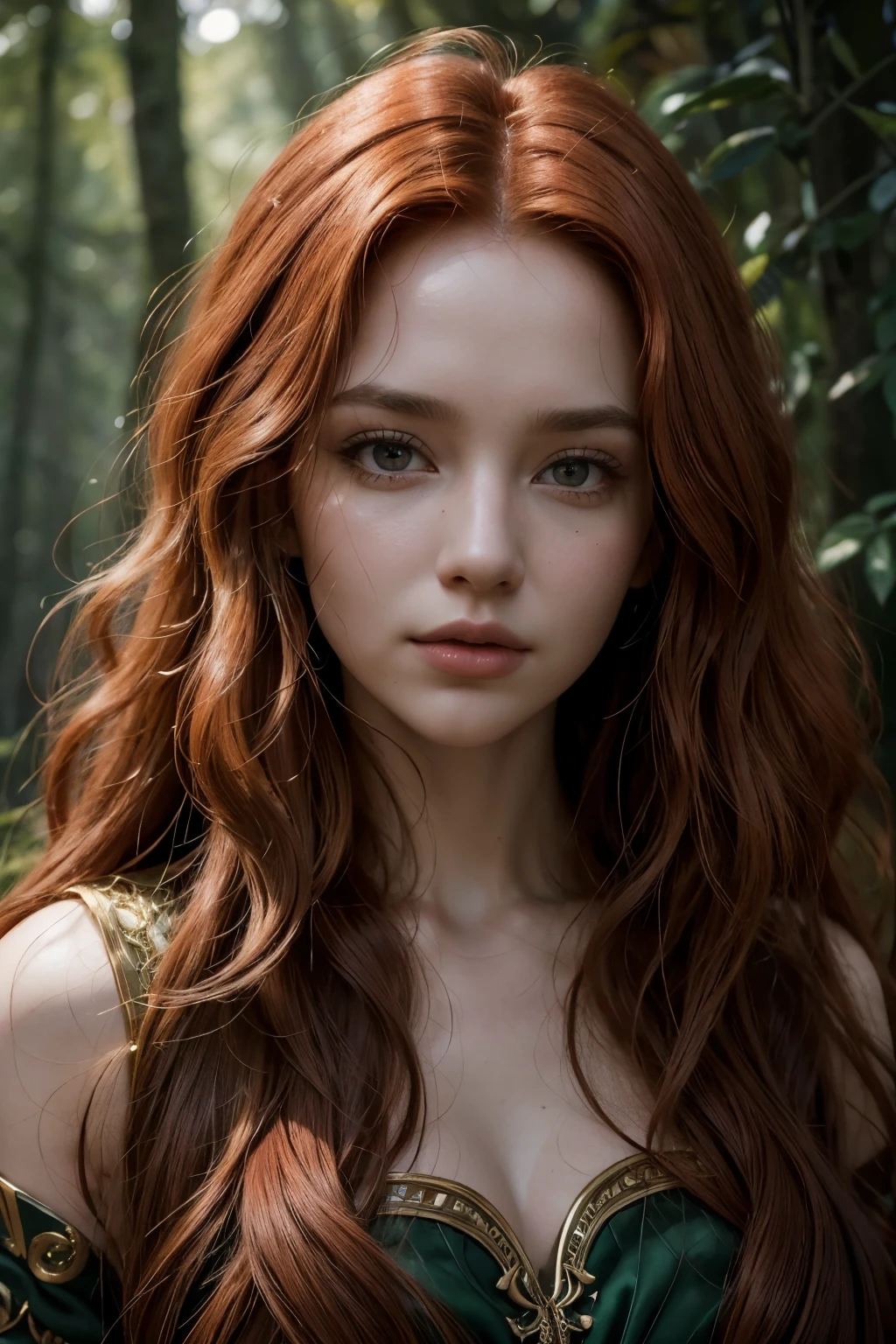 A 25-year-old realistic witch woman with curly red hair and a slight smile stands in a magical, enchanted garden under soft natural light