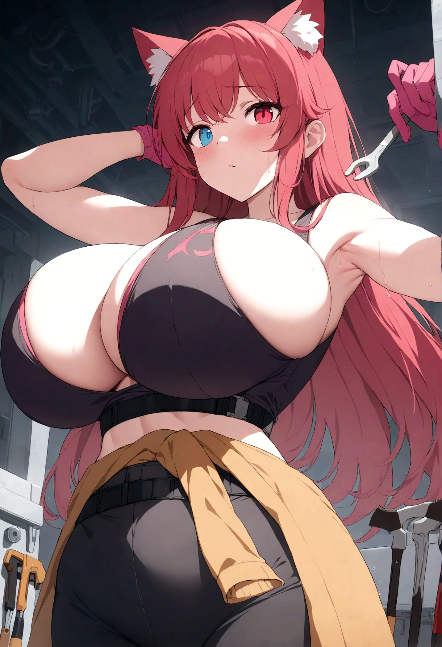 (masterpiece, best quality:1.2) best quality, masterpiece, highres, focus, anime style, a closeup of a cartoon of a woman, girl design, portrait, giesha, anime image, long hair, red hair, heterochromia eyes, hair covering ears, cat ears, horny and shy look, sport tank pink bra ,pink gloves, black belt around waist, round thick giant breasts, ((huge breasts)), ((large breasts)) ,engineer, engineer tools, mechanic, tools, tools in hand, black tighs, wrench , wrench in hand, oil on breasts, toolbox