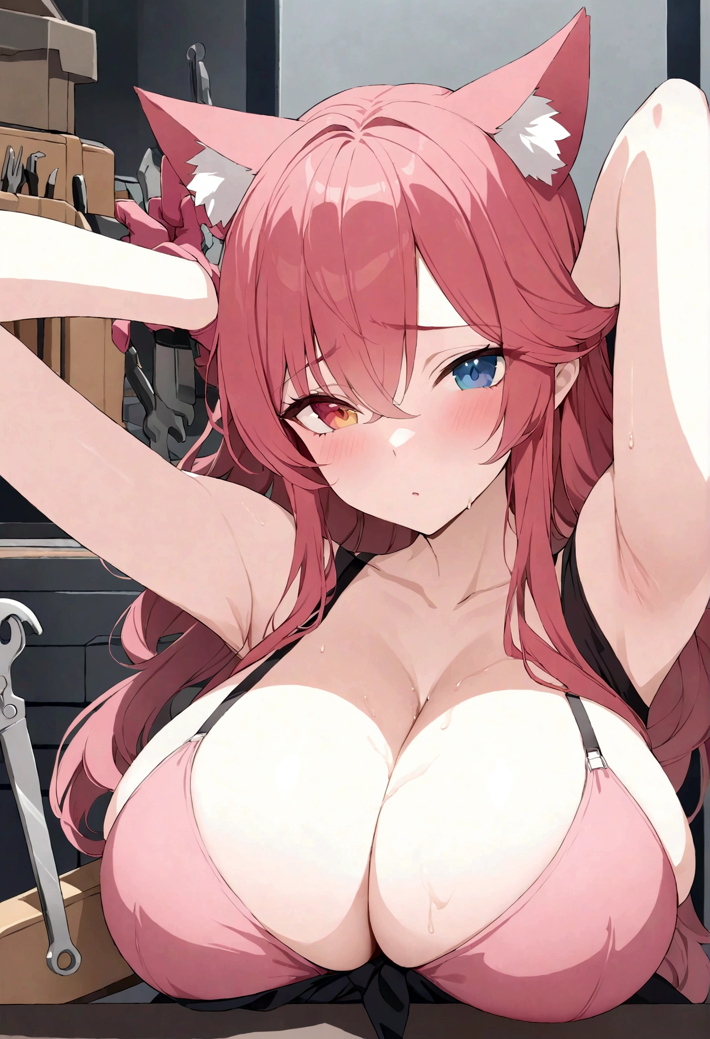 (masterpiece, best quality:1.2) best quality, masterpiece, highres, focus, anime style, a closeup of a cartoon of a woman, girl design, portrait, giesha, anime image, long hair, red hair, heterochromia eyes, hair covering ears, cat ears, horny and shy look, sport tank pink bra ,pink gloves, black belt around waist, round thick giant breasts, ((huge breasts)), ((large breasts)) ,engineer, engineer tools, mechanic, tools, tools in hand, black tighs, wrench , wrench in hand, oil on breasts, toolbox