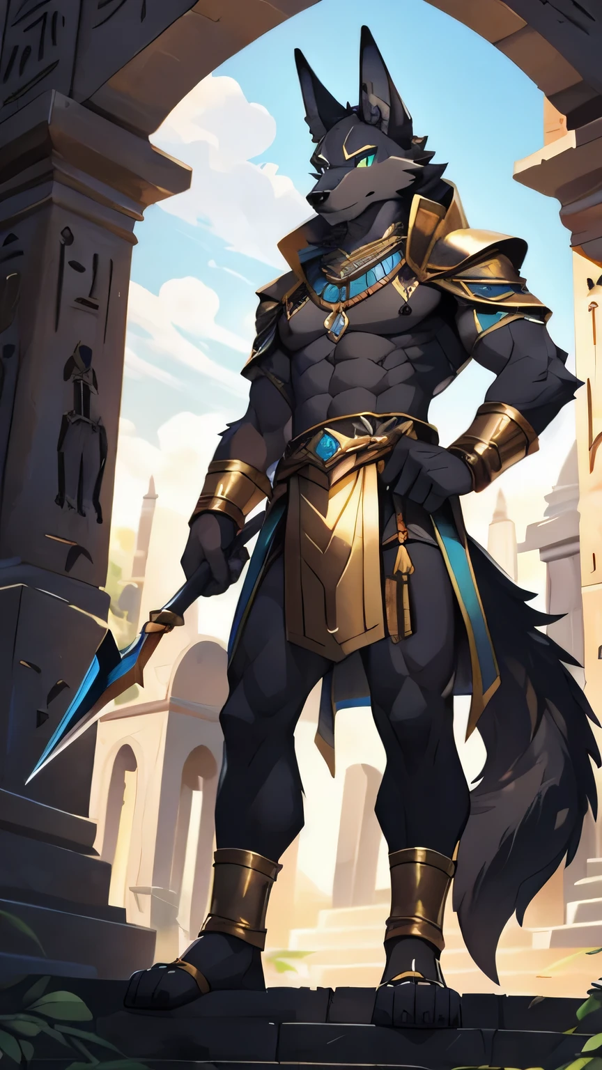 （（Anubis）），（grim Reaper），Pharaonic elements，masterpiece，high quality，（（（whole body））），狼furry，（teenagerfurry），Wolf Tribe，teenager，Jackal，（（（Black sickle in left hand））），（（（Holding a golden scepter in right hand））），Golden Neck Armor，Gold Helmet，Gold bracelet，Dark brown head，Dark brown neck，Dark brown back，Dark brown limbs，（（Blue abs）），Green pupils ，Golden nails，Thin ears，Long ears，Pointed ears，Cyan outer ear，（Thick body），（（Thin waist）），Pectoralis major，（Long legs），Thick wolf tail，Mature face，Exquisite eyes，Detailed body，Detailed legs，（Perfect hands），（Perfect feet），high resolution，No shirt，No underwear，（（Crotch ribbon）），（（Crotch bulge）），（（（Background of the mausoleum））），（daytime），（looking directly at camera），（Serious expression），（sideways），Kenket&#39;s Art