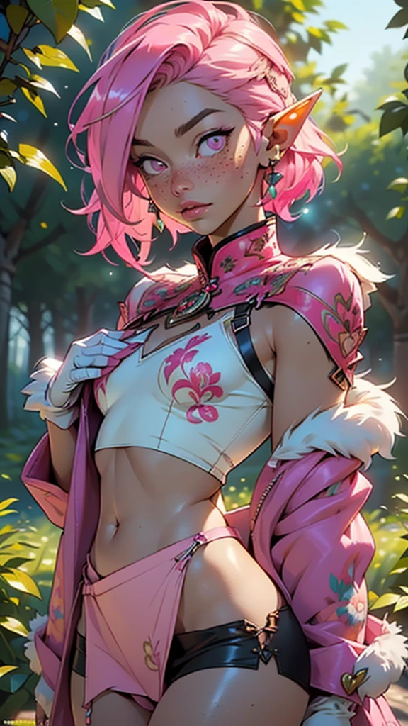 cute elf,(((little ,tiny little body,little))),(((26 years old))),((anime elf with extremely cute and beautiful fuchsia hair)), (((elf))), (((elf ears))),
(((Small chest))),((((fuchsia hair:1.35,short fuchsia hair,colored inner hair,ear breathing)))),(((pink_eyes:1.3))),intricate eyes,beautiful detailed eyes,symmetrical eyes,big eyes:1.5,(((freckles on the face,freckles,freckled girl))),(((lustrous skin:1.5,bright skin: 1.5,skin tanned,shiny skin,very shiny skin,shiny body,plastic glitter skin,exaggerated shiny skin,illuminated skin))),(delicate detailed fingers,detailed body,(detailed face)),
cute,slutty,erotic,daring,((nsfw)), bare breasts
zettai ryouiki,revealing clothing,show skin ehow nipples,(((Sexy pink fur coat, pink fur coat outfit, wearing a pink fur coat:1.3,pink winter coat))),((pink mini-skirt,pink mini skirt with furry edge,visible thong straps)),((underpants strap)),(white gloves,pink clothes,semi-naked,with little pink clothing,(((furry edge clothing)))),(((intricate outfit,intricate clothes,embroidered outfit,ornate outfit,embroidered clothes,ornate clothes))),
(dynamic pose:1.0),embarrassed,(centered,scale to fit dimensions,Rule of thirds),
((Apple orchard forest)),summer ,scenery:1.25,((intricate scenery)),((orchard forest background)),apple tree,
(Glossy summer ornaments),highres,sharp focus,(ultra detailed,extremely detailed),(photorealistic artwork:1.37),(extremely detailed CG unity 8k wallpaper),(((vibrant colors,vibrant theme))),(intricate),(masterpiece),(best quality),