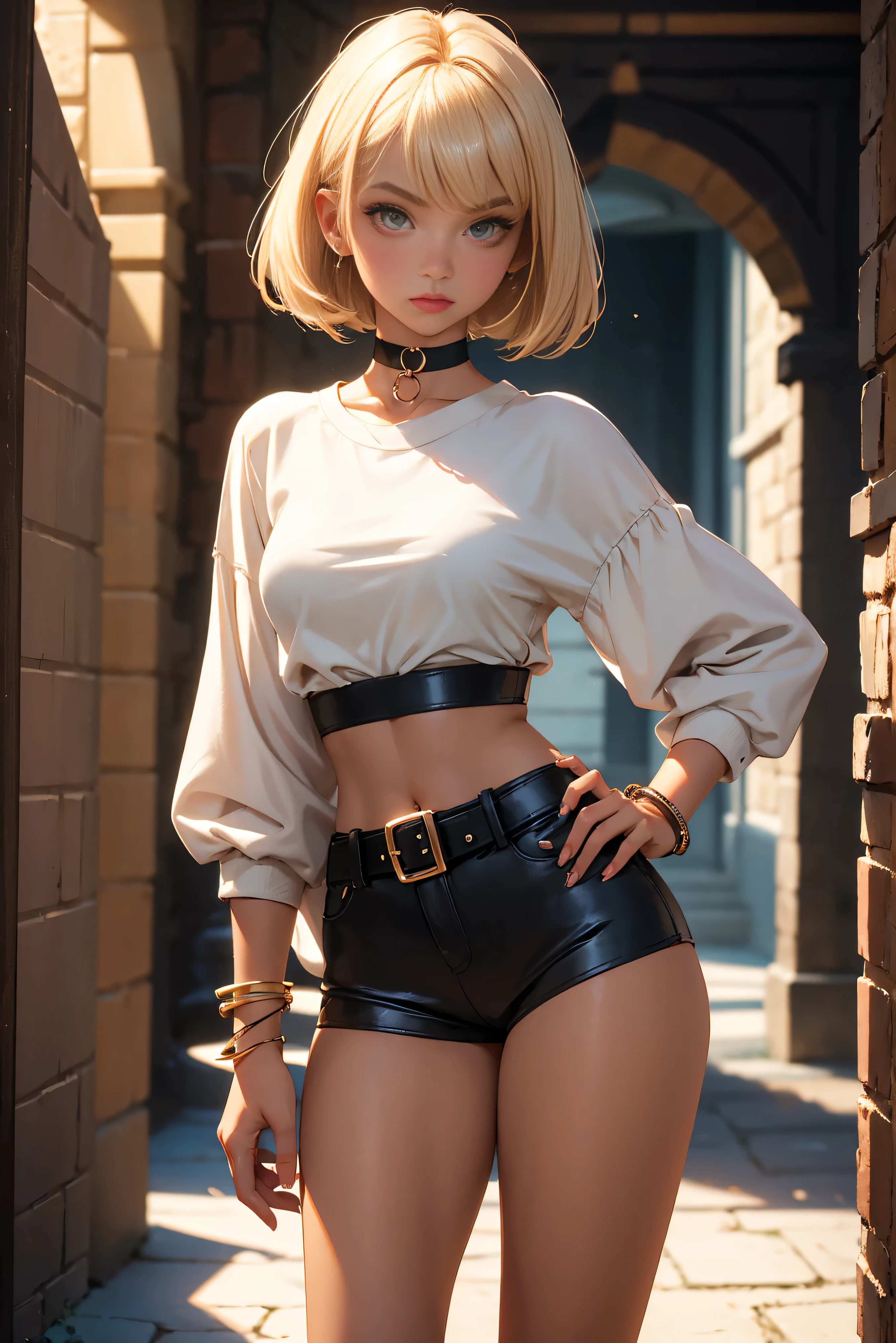 age girl 20 years old, model, blonde, bob hairstyle, bangs, brown eyes, makeup, manicure, very tanned, crop sleeve shirt, very short mini shorts, bracelets, choker, belt, beautiful long legs, beautiful thigh line, hands on hips, flirty posing, dungeon, haunted castle, aesthetics, top quality