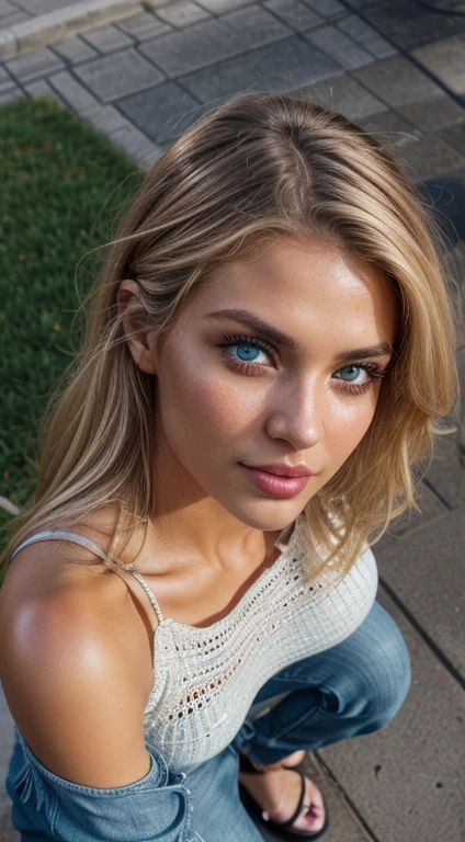 (taking selfies, Overhead view: 1.4), A little further from the camera, (straight half of the torso: 1.4), Portrait photo of a 23-year-old blonde in RAW UHD format (Blue-eyed woman) in the park during the day, (Casual pants), (cutout), Details (textures! , Hair! , glistering, Color!! , imperfections: 1.1), highly detailed glossy eyes (looking at the camera), DSLR Lighting, SLR camera, Ultra-Quality, sharpness, Depth of field, Film grain (Downtown), Fujifilm XT3, Crystal clear, Frame Center, beatiful face, sharp-focus, detailed skin pores, oilly skin, suntan, Complex eye details, full - body, full lips