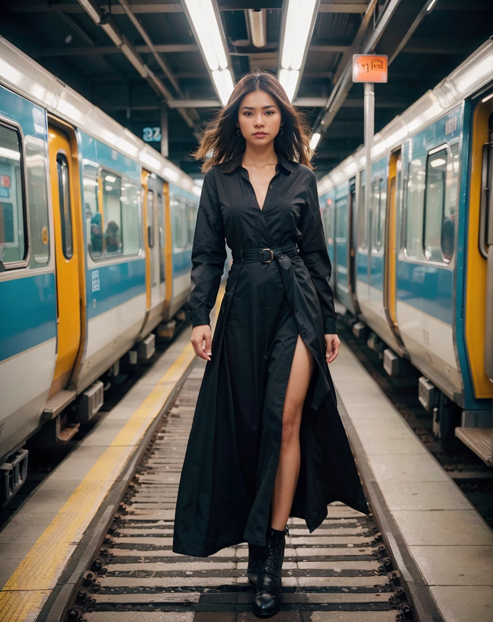depicts an beautiful Indonesian woman in nugoth outfit standing still on a subway platform against a blurred background of a fast-moving train, front view, highlighting the man's movements and calm demeanor against a dynamic backdrop of rushing light and color, UHD, ultra realism, ultra details, photorealistic, high definition photo, Close-up shot using the iPhone 15 Pro Max Camera.