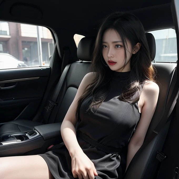 There are two people inside the car, A man sitting in the driver's seat and driving while holding the steering wheel, Man is the master of woman, The woman is lying down on the passanger's seat side of the man., The woman's hands are tied up behind back with rope, her mouth is gagged, her eyes are covered, and she is being sexually tortured., Woman is man's slave and lover, BDSM couple's car sex