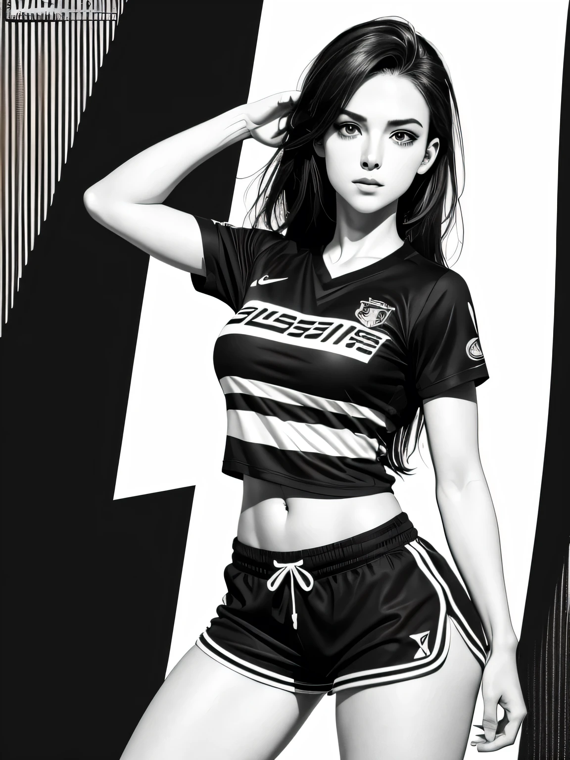 Mulher atleta jogadora de futebol,bola,shorts curto feminino,camiseta curta seios grandes,standing position,Bela arte de linha, black and white comic style, manga style, sexy manga art style, pencil and ink caricature drawing, black and white coloring,arte vector preto e branco