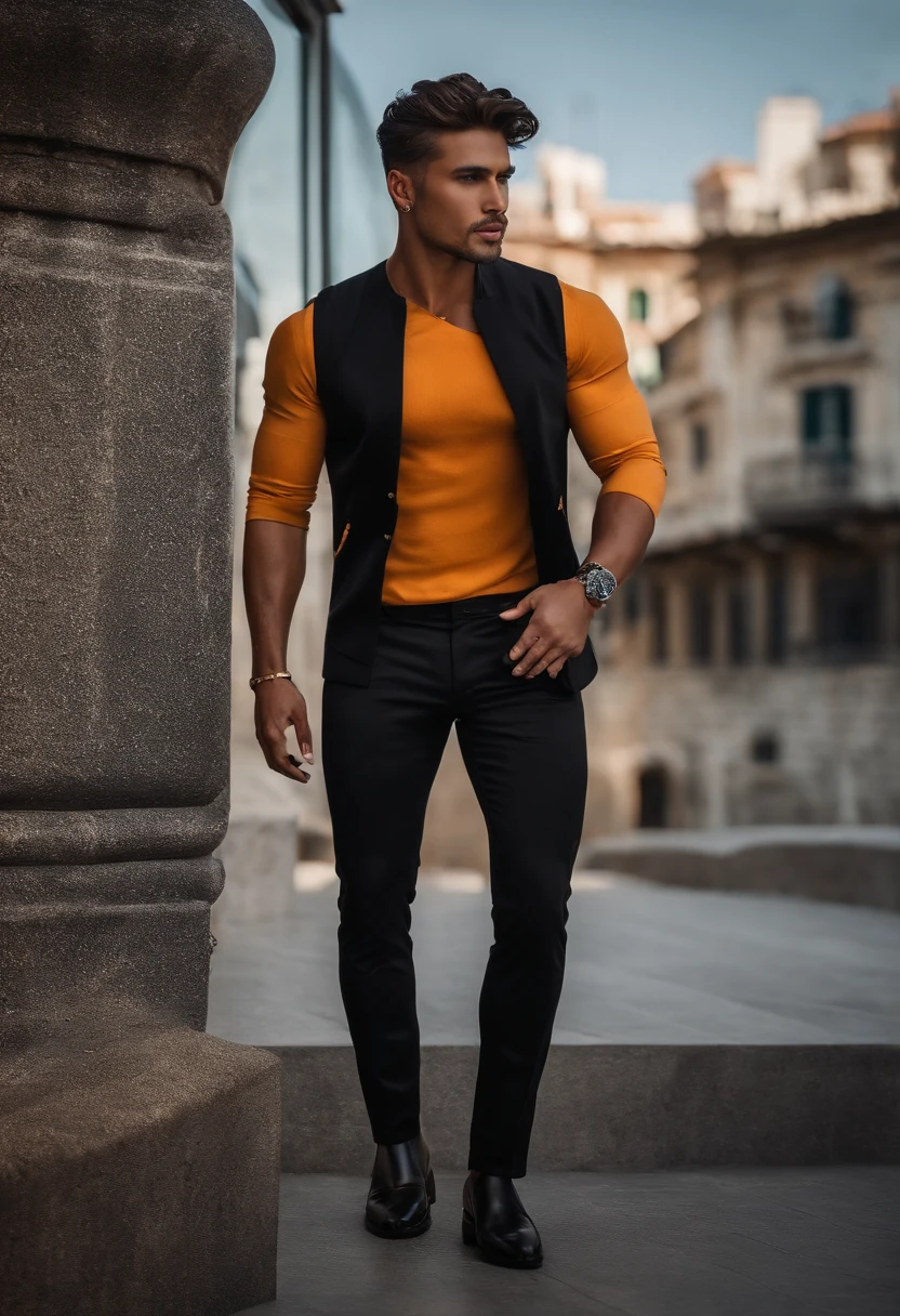 fotografia, masculine perfection, queixo forte, fleshy lips, nariz romano, cabelo loiro curto, hazel eyes, hiper-realista, 8k-v4 . Moda moderna alta costura fashion futurista. Roupa preta moderna
