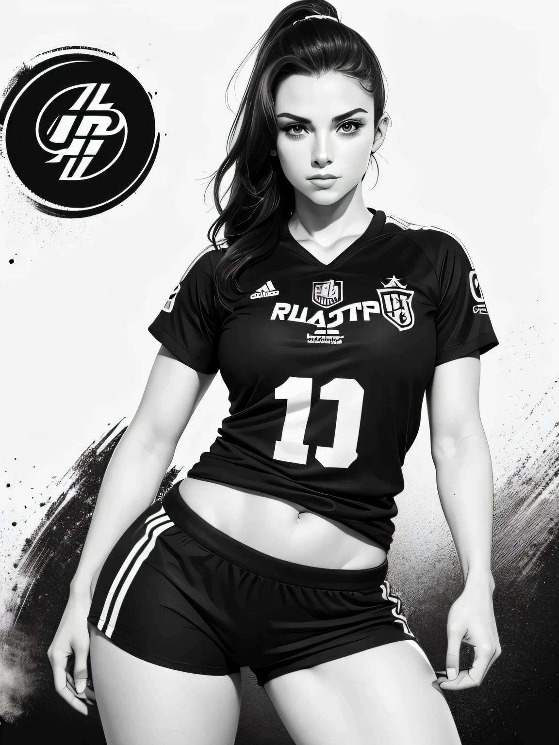 Mulher atleta jogadora de futebol,bola,shorts curto feminino,camiseta curta seios grandes,standing position,Bela arte de linha, black and white comic style, manga style, sexy manga art style, pencil and ink caricature drawing, black and white coloring,arte vector preto e branco