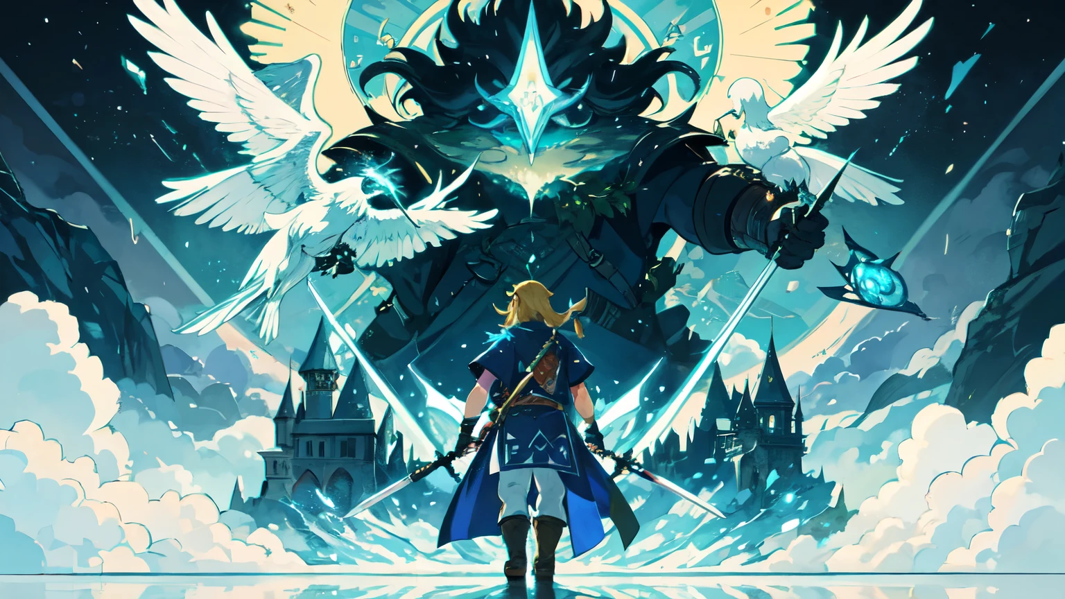 Create a Legend of Zelda-inspired wallpaper. The scene should evoke the magical and adventurous spirit of the game series. Include iconic elements such as the Master Sword, Hyrule Castle, and lush, green landscapes. The composition should have a central focus on Link, the protagonist, standing heroically with his sword and shield. Surrounding him, depict elements from various games in the series: perhaps a looming silhouette of Ganondorf in the background, the Triforce glowing in the sky, and mystical creatures like fairies fluttering around.
Use a vibrant color palette with greens, blues, and golds to highlight the fantastical environment. Incorporate a sense of depth and detail, making the viewer feel like they're peering into the world of Hyrule. The style should be semi-realistic, with a painterly touch that captures the essence of epic adventure and timeless legend.